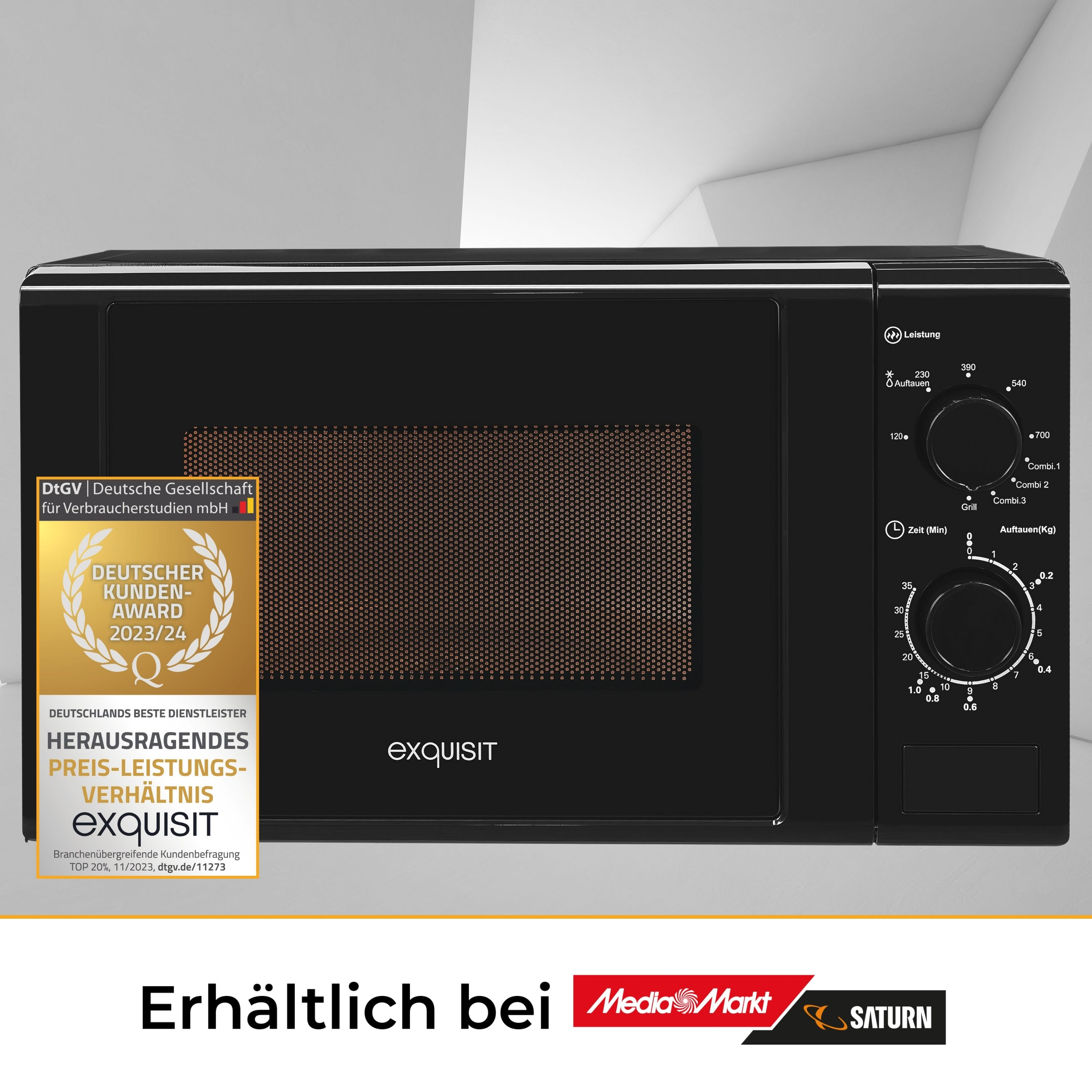 Schwarze Mikrowelle mit Digitalanzeige und Bedienfeld. Goldene Auszeichnung und Text links.