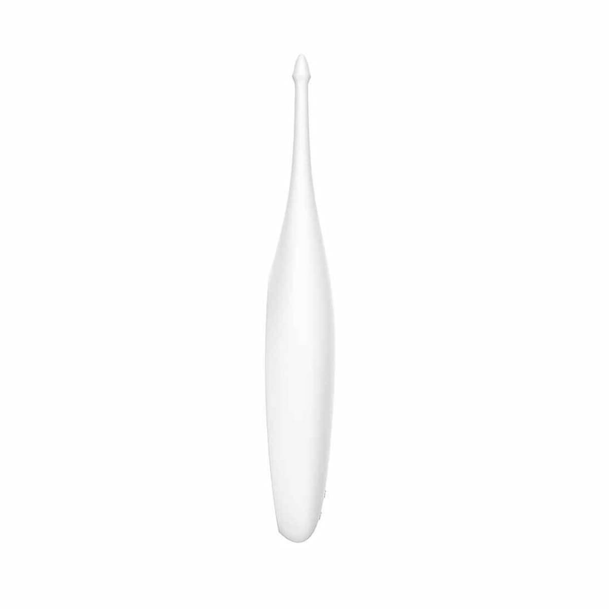 Un objeto blanco, elegante y alargado. Tiene una punta afilada y un cuerpo liso y curvado.