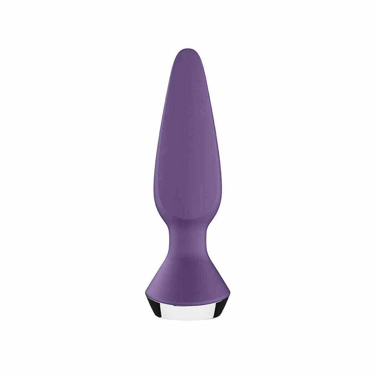 Ein lila Analplug. Er ist glatt und verjüngt sich mit einem ausgestellten Sockel und einem silbernen Ende.