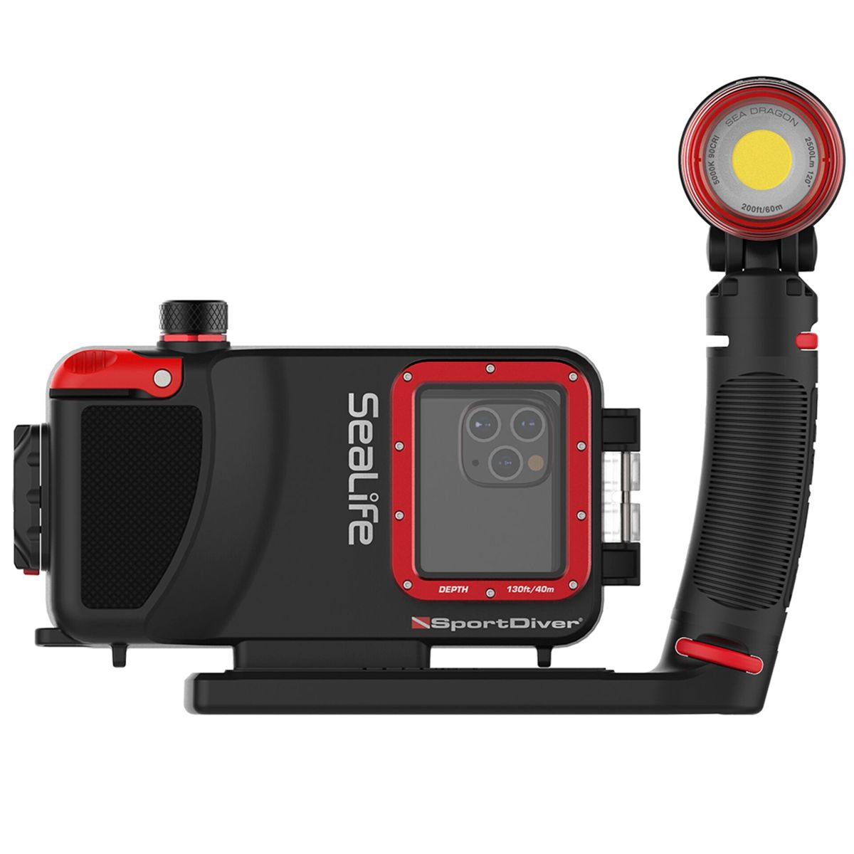Schwarzes und rotes Unterwassergehäuse mit Griff und Lampe für ein Smartphone.