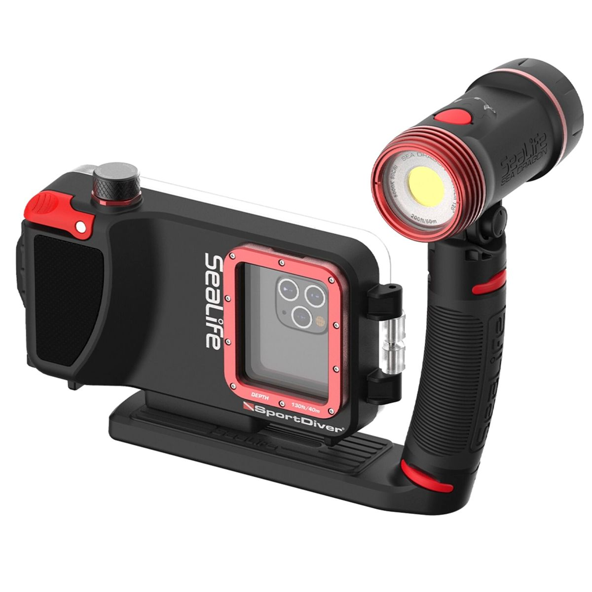 Ein schwarzes Unterwassergehäuse für ein Smartphone mit rotem Griff und Lampe.