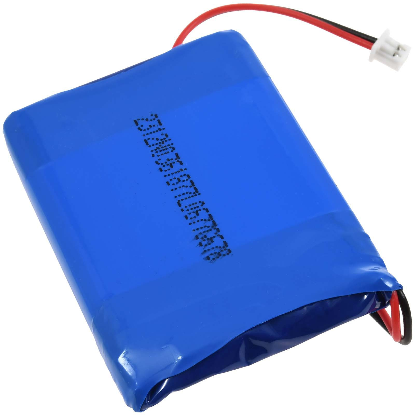 Blauer Akku mit roten und schwarzen Drähten und einem weißen Stecker. Rechteckige Form.