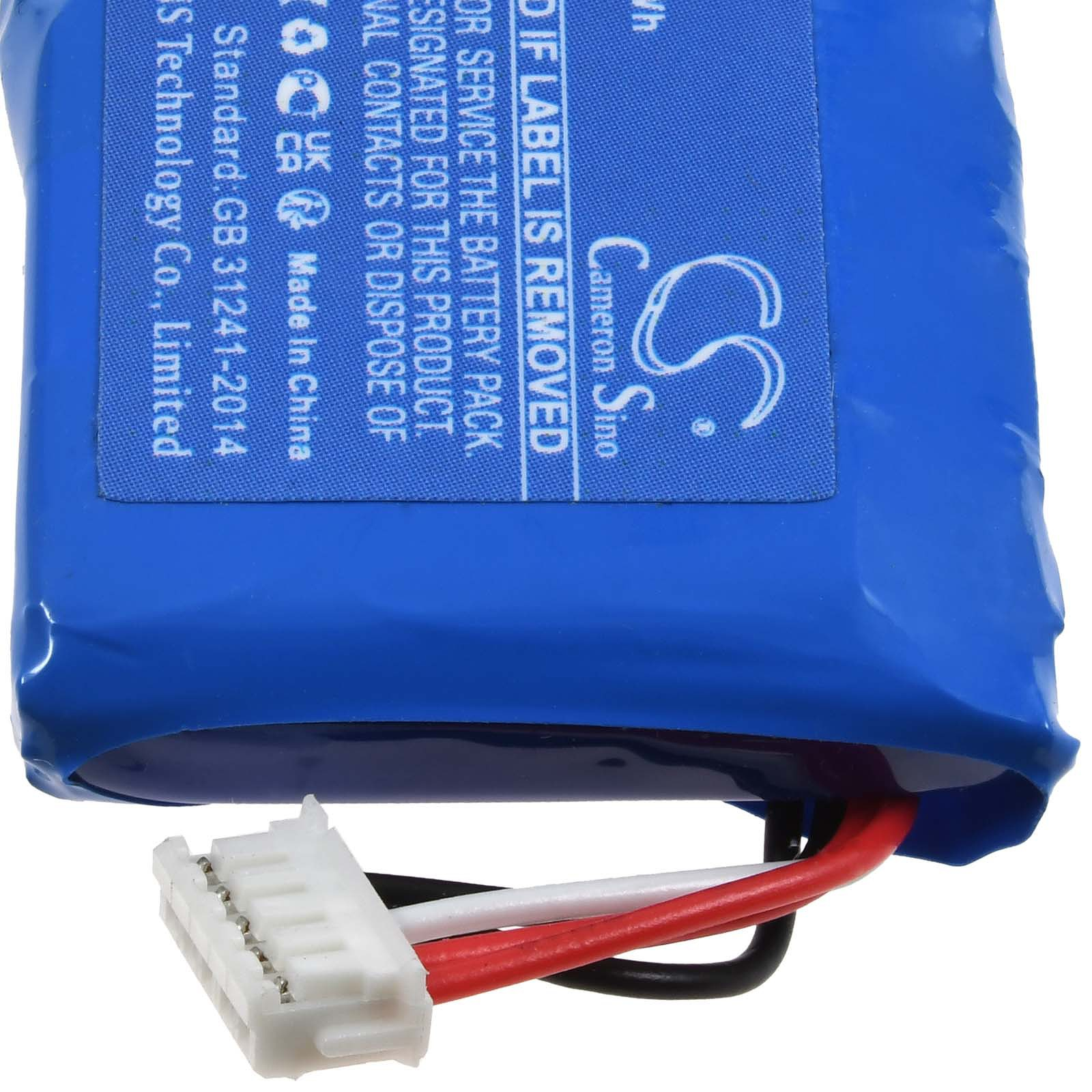 Eine blaue Batterie mit einem weißen Stecker und schwarzen und roten Drähten.