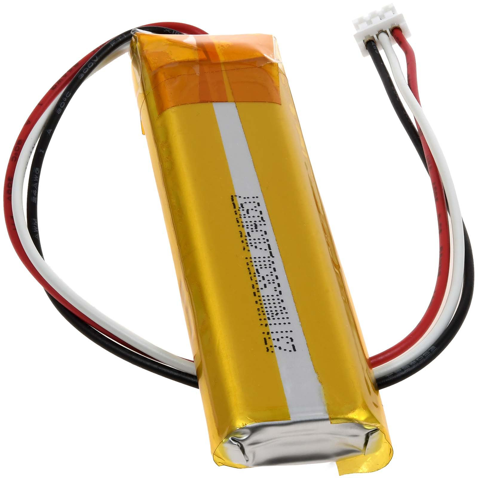 Gelbe Batterie mit weißem Streifen und drei Drähten: Schwarz, Rot und Weiß, verbunden mit einem Stecker.