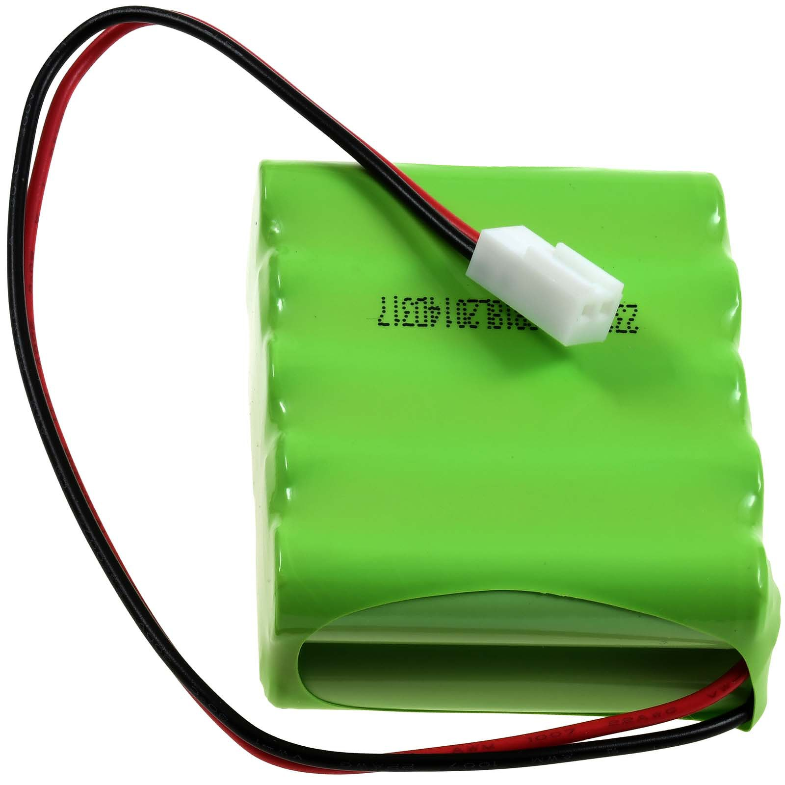 Grünes Batteriemodul mit roten und schwarzen Drähten und einem weißen Stecker.