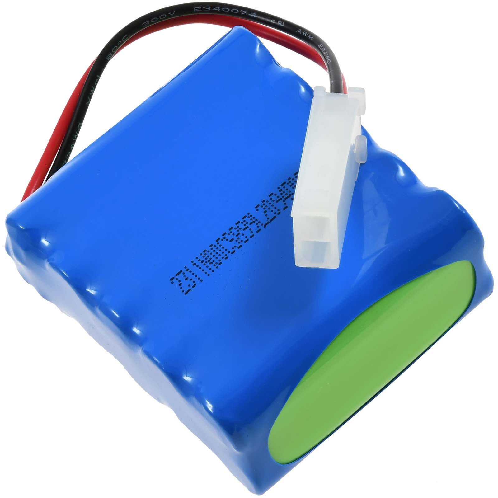 Eine blaue Batterie mit einem grünen Abschnitt und einem weißen Stecker, mit schwarzen und roten Drähten.