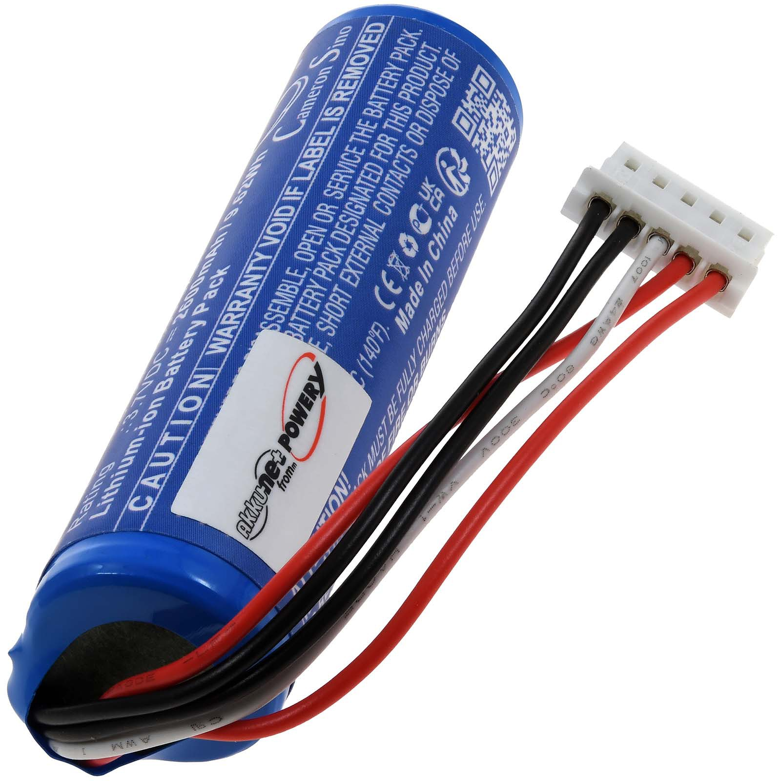 Eine blaue Batterie mit schwarzen, weißen und roten Drähten. Die Marke ist Alkaline Power.