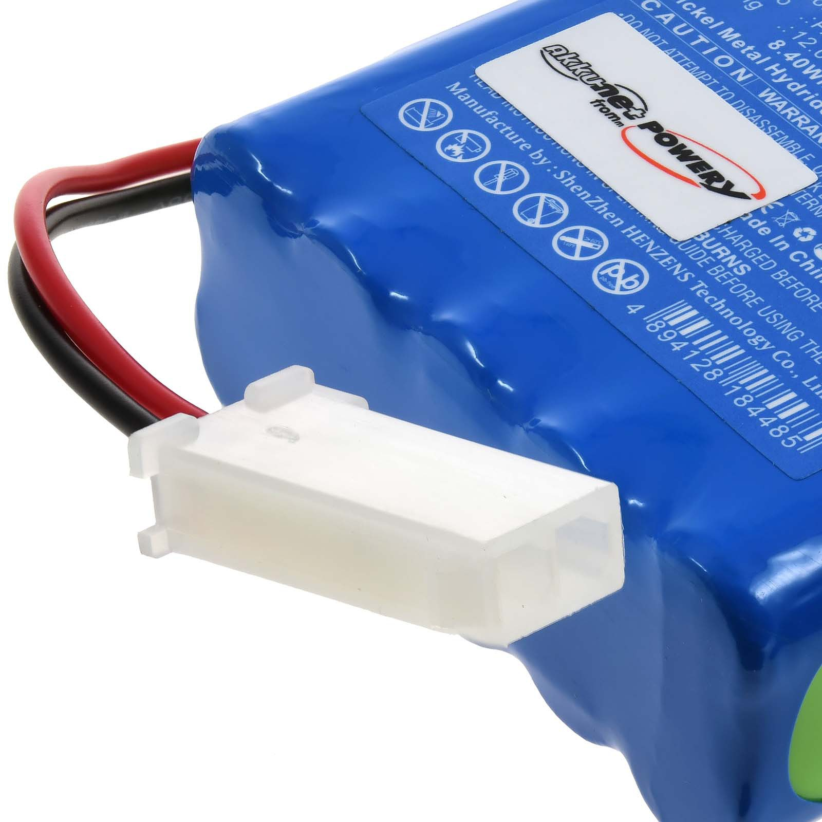 Nahaufnahme einer blauen Batterie mit weißem Stecker, roten und schwarzen Drähten und sichtbarem Produktetikett.