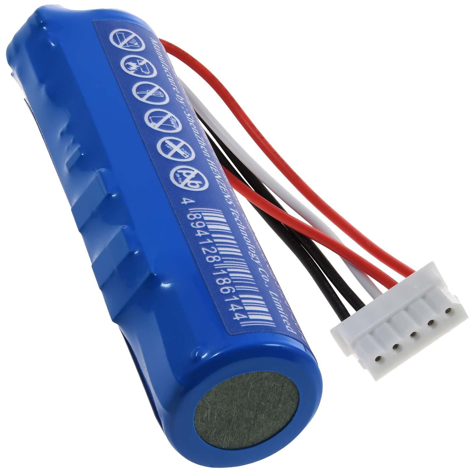 Eine blaue Batterie mit Kabeln und einem Stecker.