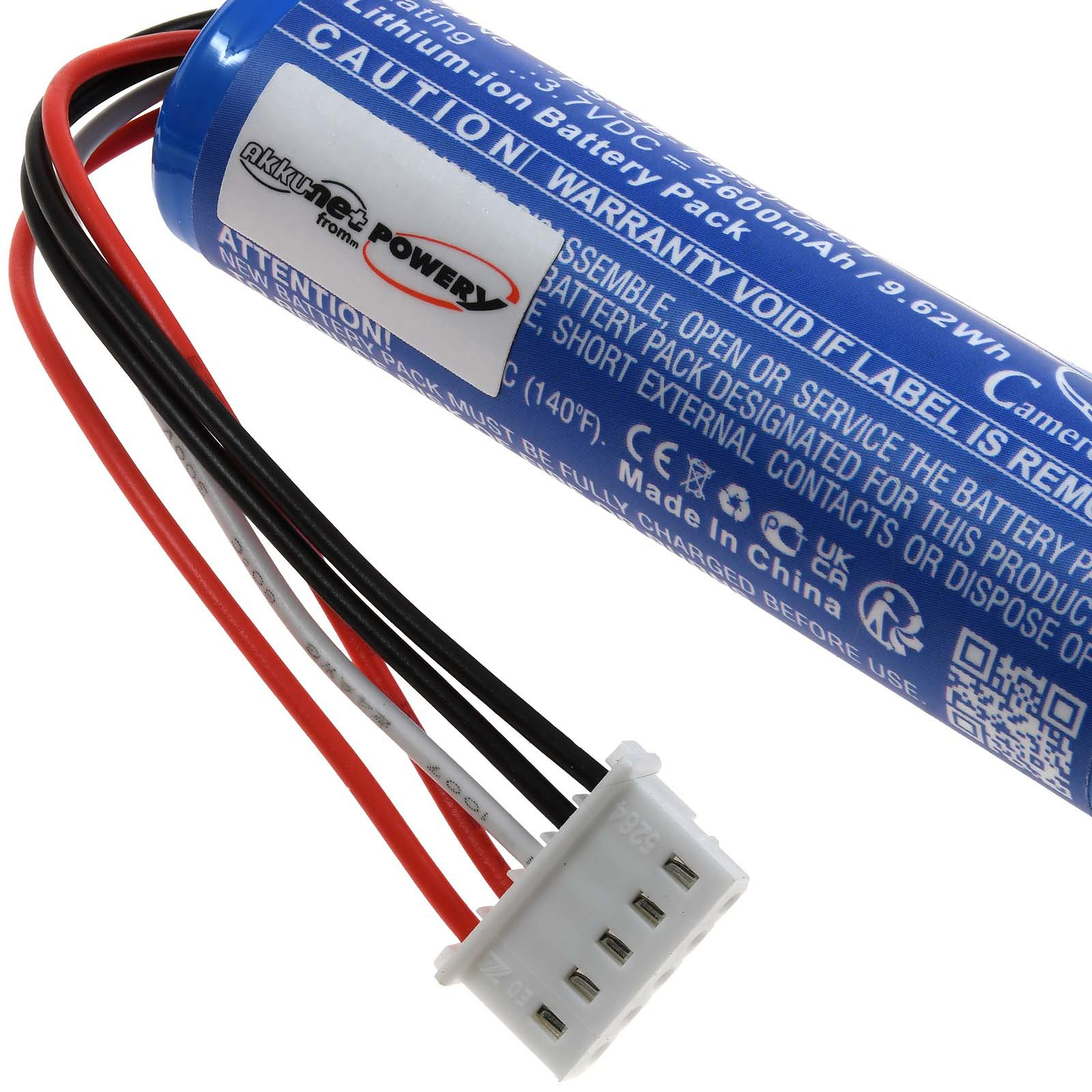 Ein blaues Lithium-Ionen-Akkupack mit angeschlossenen Drähten und einem Anschluss.
