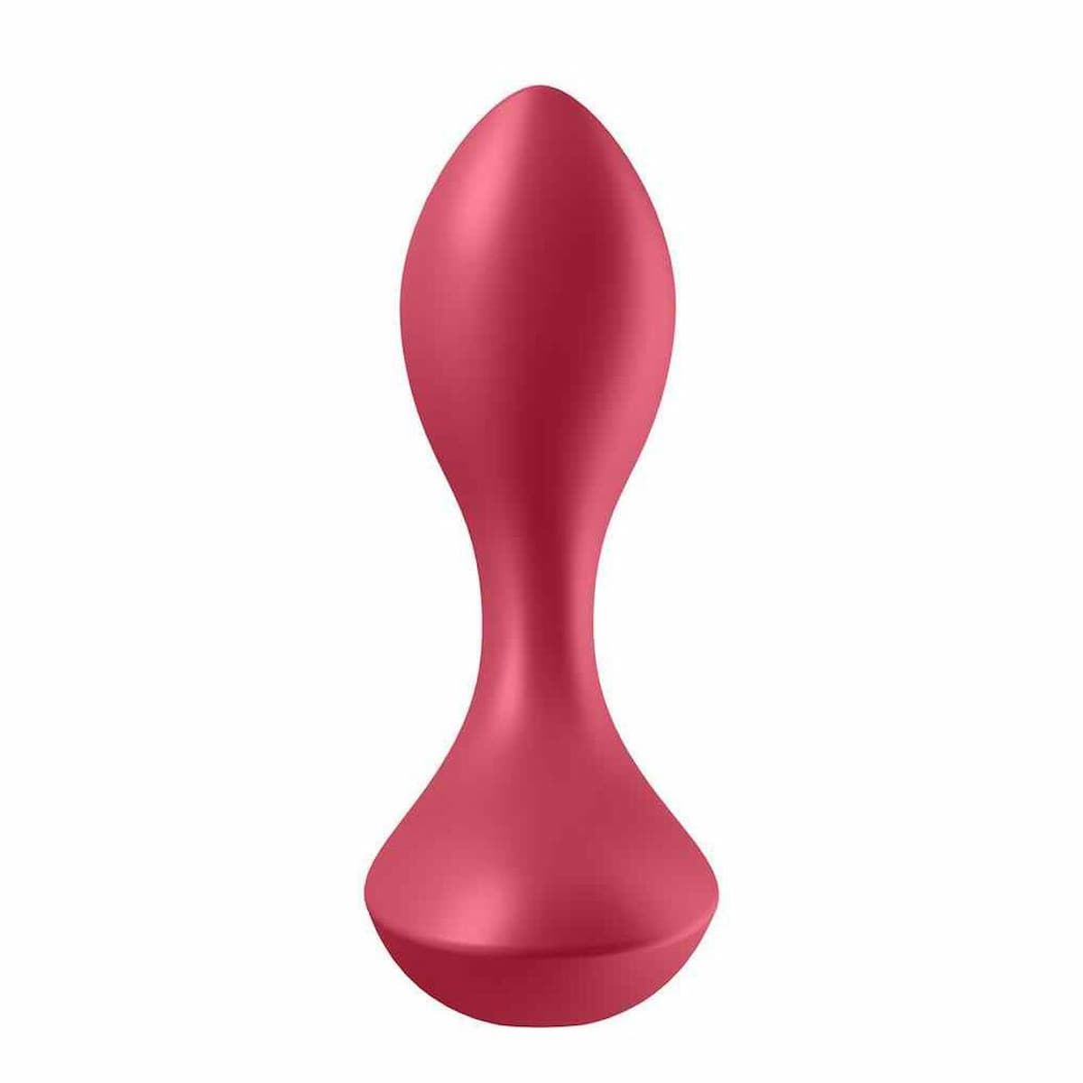 Czerwona zabawka erotyczna w kształcie łzy. Ma gładką powierzchnię. Tło jest białe.