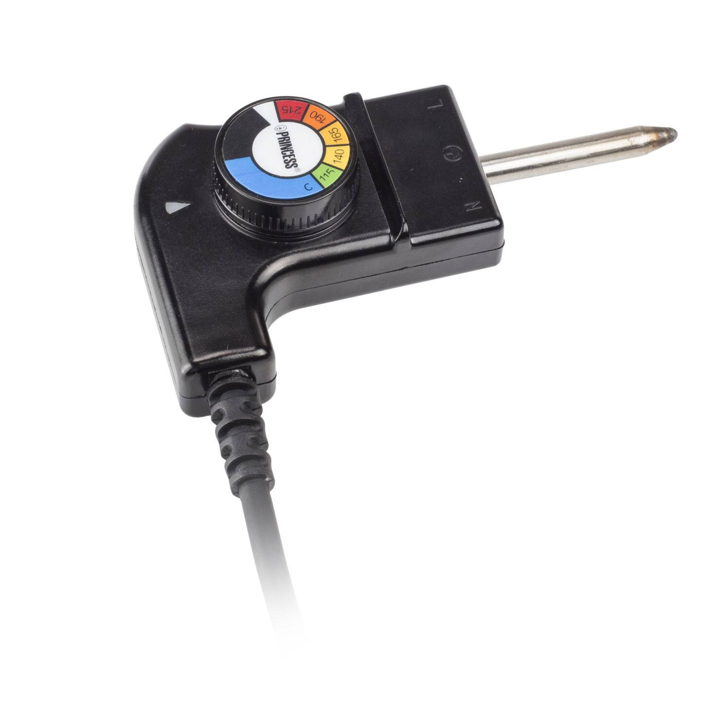 Dial de control de temperatura negro con una sonda de metal.