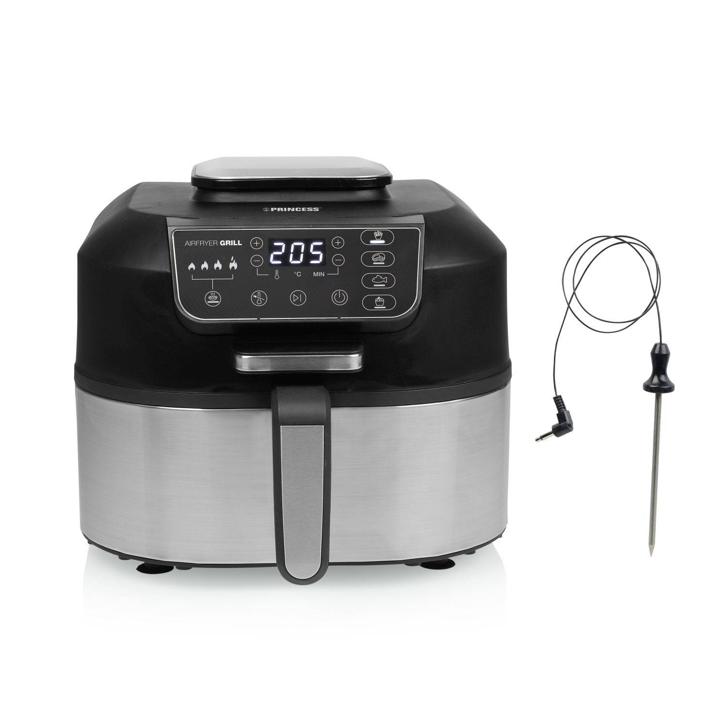 Czarny i srebrny grill do frytkownicy. Wyświetlacz cyfrowy pokazuje 205. Obok sonda temperatury.