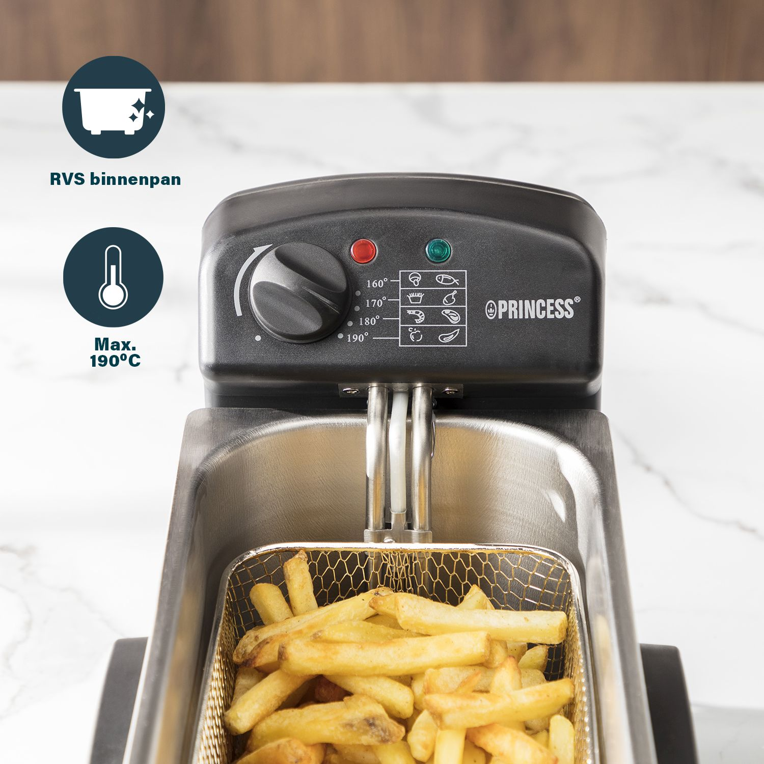 A close-up of a Princess brand deep fryer with fries inside.