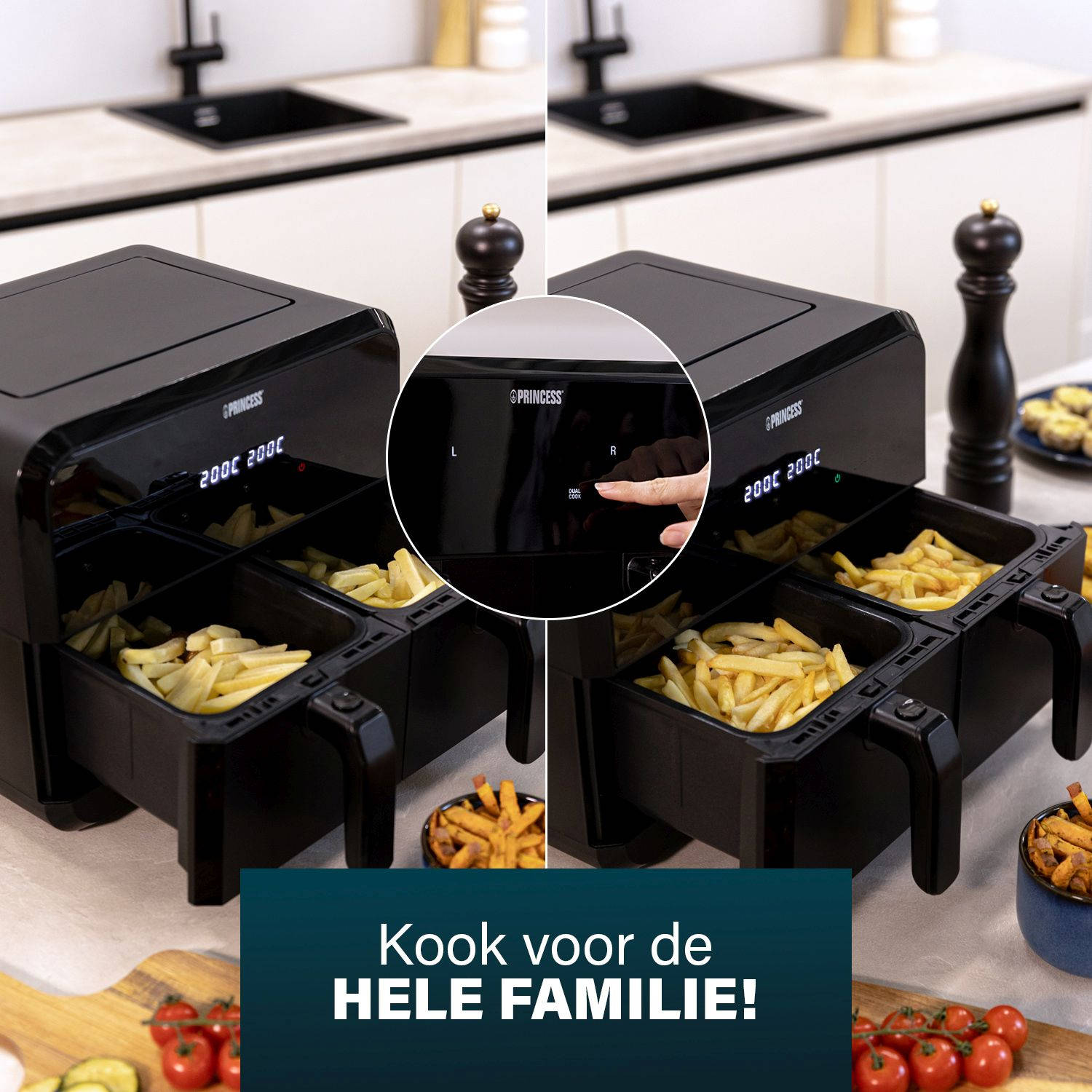 Podwójna frytownica beztłuszczowa z frytkami w tacach. Ręka wybiera funkcję gotowania.