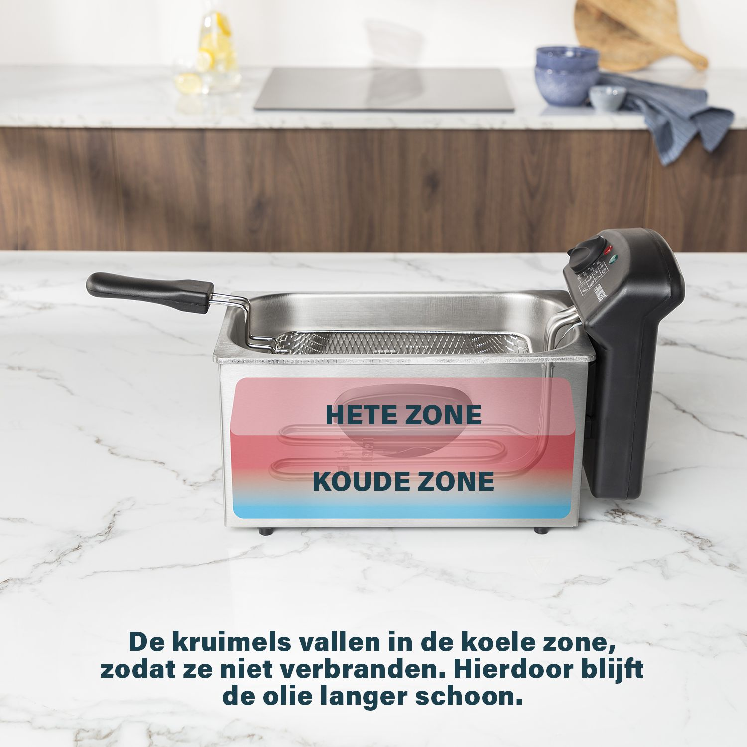 Deep fryer with text labels 'Hot Zone' and 'Cold Zone'.