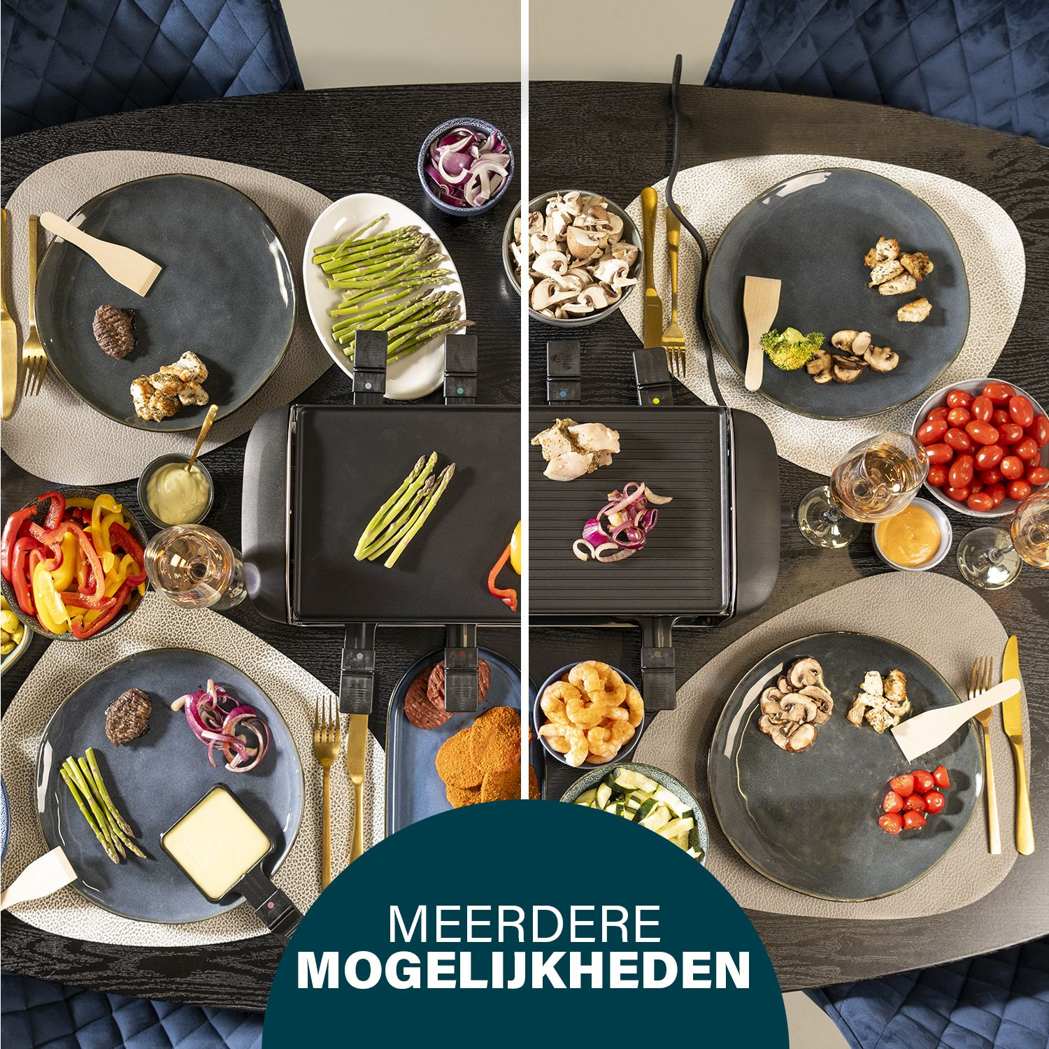 Widok z góry na ustawienie stołu z grillem, talerzami z jedzeniem i tekstem 'MEERDERE MOGELIJKHEDEN'.