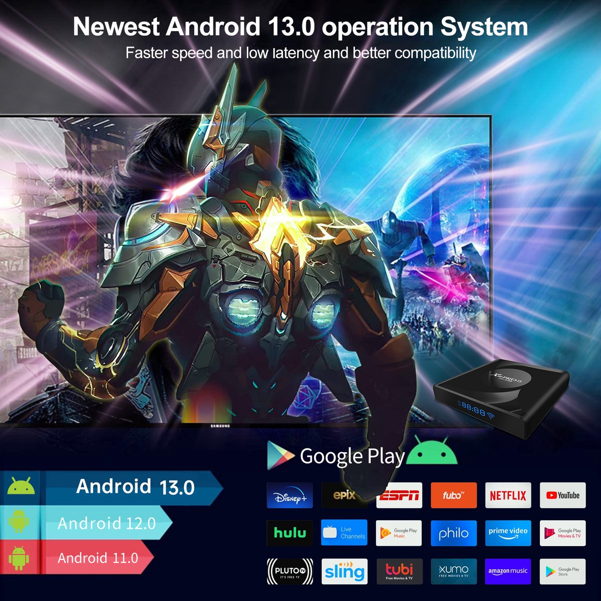 Interfejs Android TV. Ekran TV z wojownikiem. Wyświetlane są inne aplikacje.