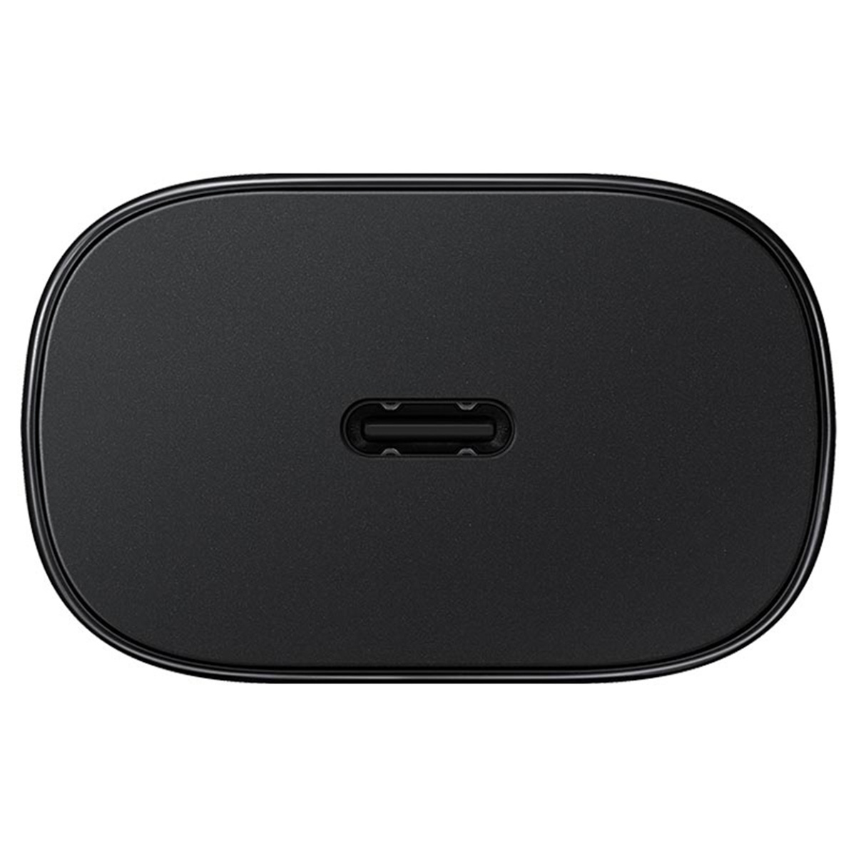 Czarna ładowarka USB-C, widok z góry, z jednym portem USB-C.