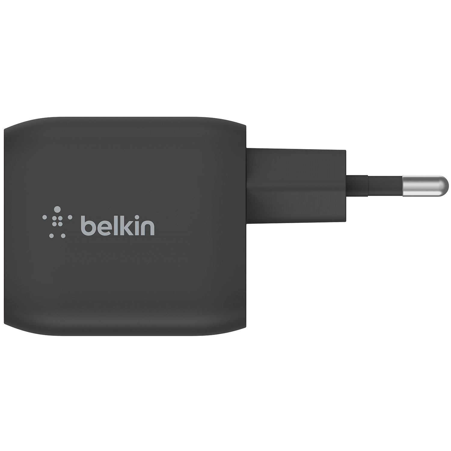 Black Belkin charger with a plug and logo. The charger is seen on a white background, close up shot.