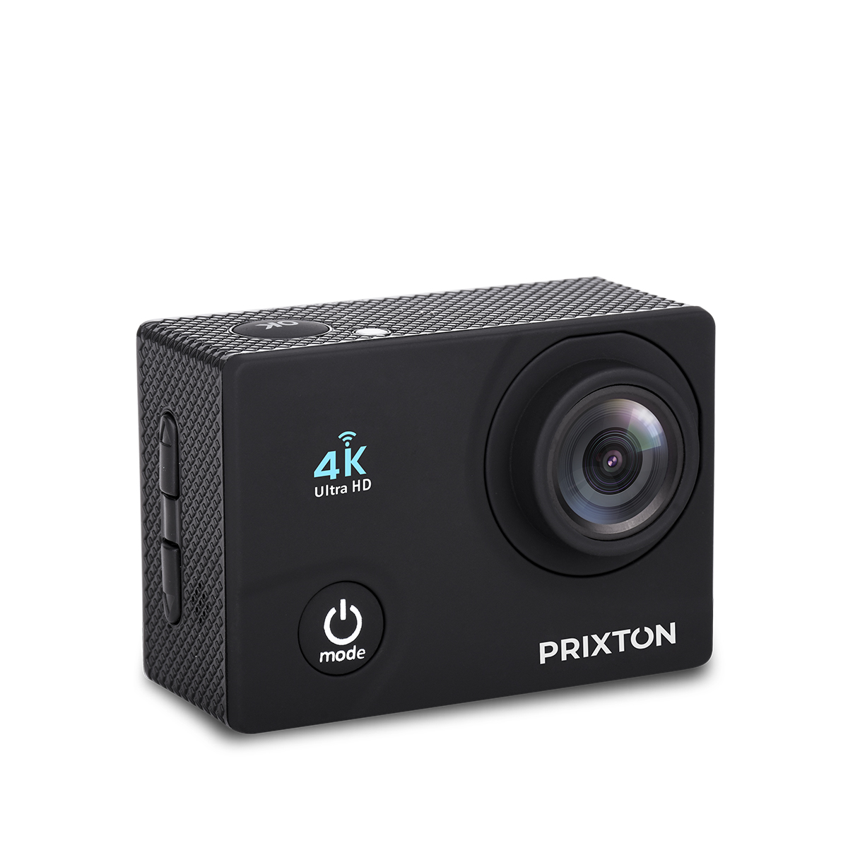 Schwarze Action-Kamera mit Objektiv, Knöpfen und '4K Ultra HD'-Logo, vor weißem Hintergrund.