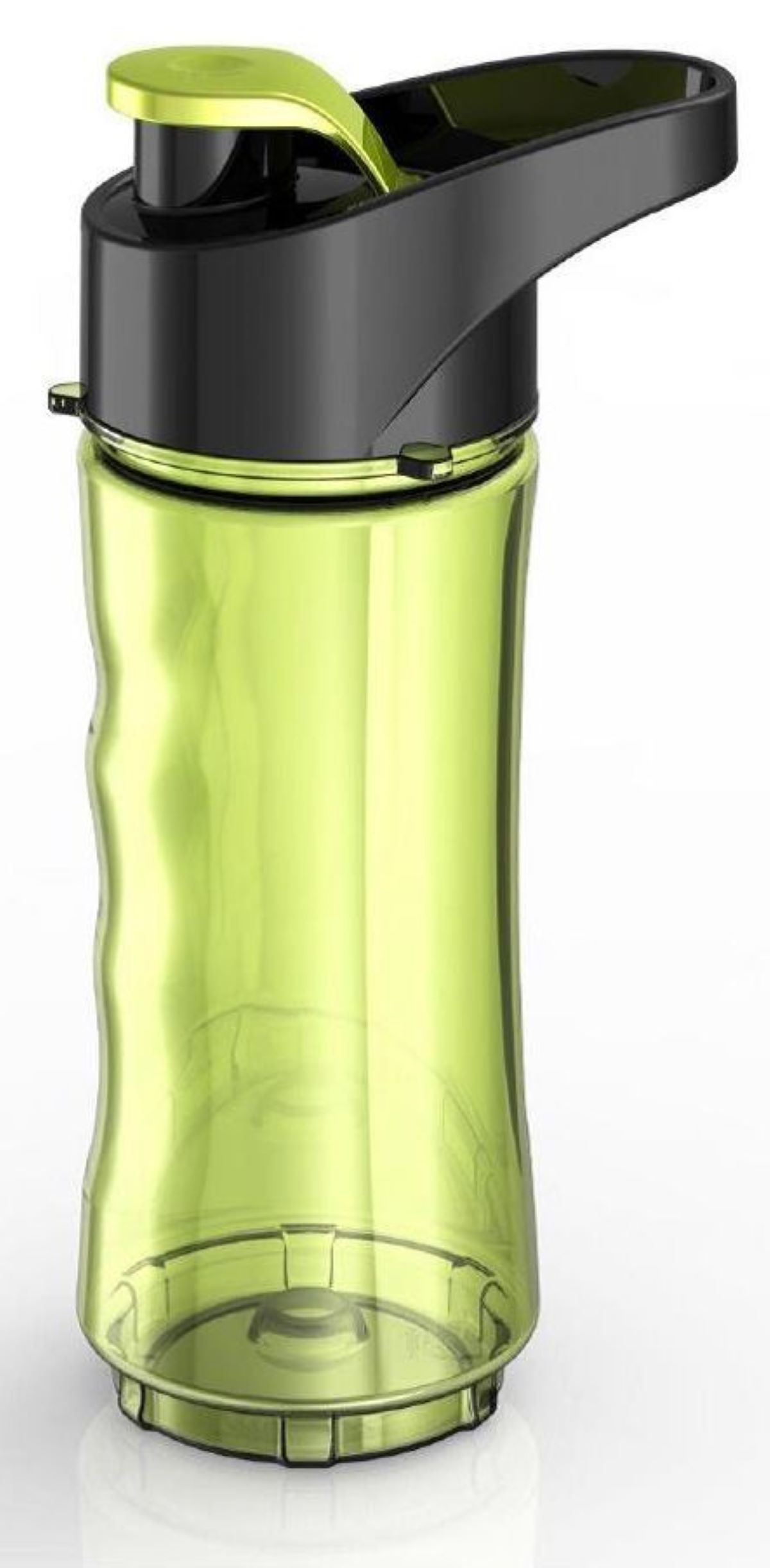 Grüne Wasserflasche mit schwarzem Deckel. Es ist eine Plastikflasche mit grüner Flüssigkeit darin.