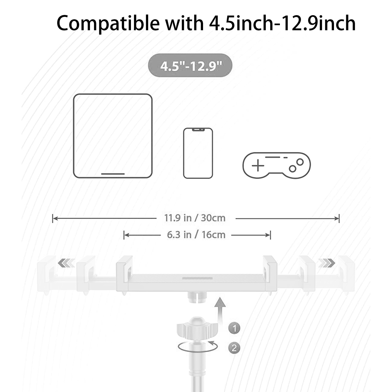 Diagramm mit Tablet, Telefon und Controller, mit Abmessungen.