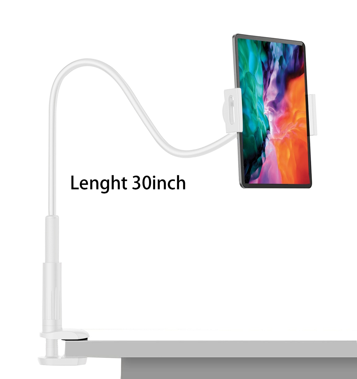 Weißer Tablethalter mit Tablet, auf einem weißen Schreibtisch. Text: Länge 30 Zoll.