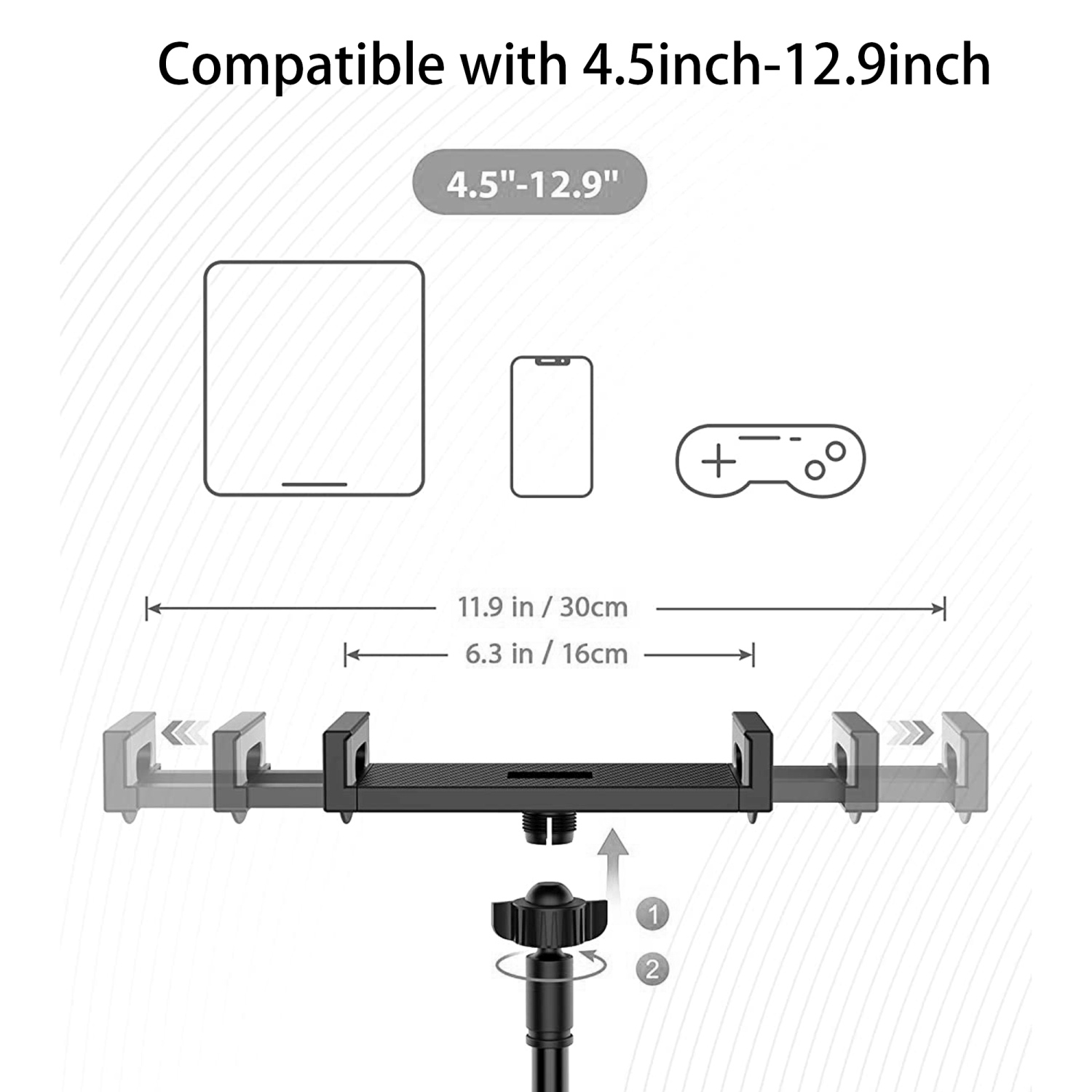 Das Bild zeigt einen schwarzen Telefon- und Tablethalter mit Abmessungen, kompatibel mit Geräten von 4,5-12,9 Zoll.