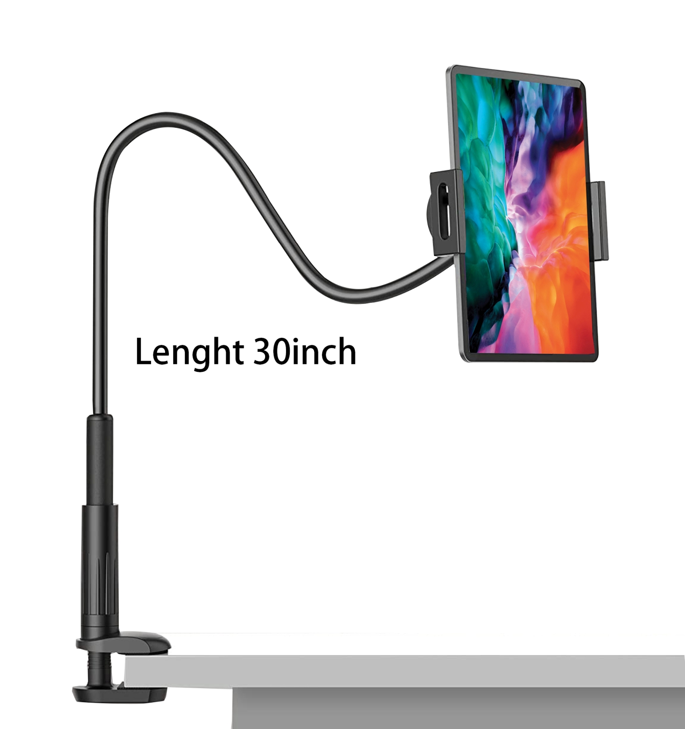 Ein Tablet, das von einem flexiblen Arm gehalten wird, der an einer Klemme auf einem Tisch befestigt ist, Text: Länge 30 Zoll.