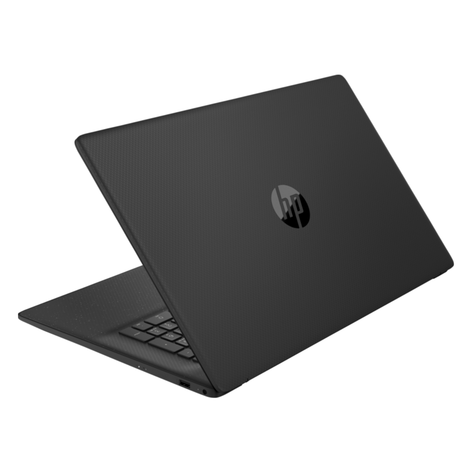 Ein schwarzer Laptop mit geöffnetem Deckel, Tastatur zeigend, vor weißem Hintergrund.