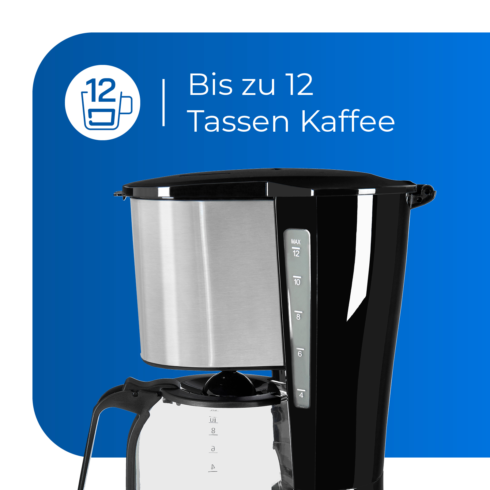 Schwarze Kaffeemaschine mit Text: Bis zu 12 Tassen Kaffee.