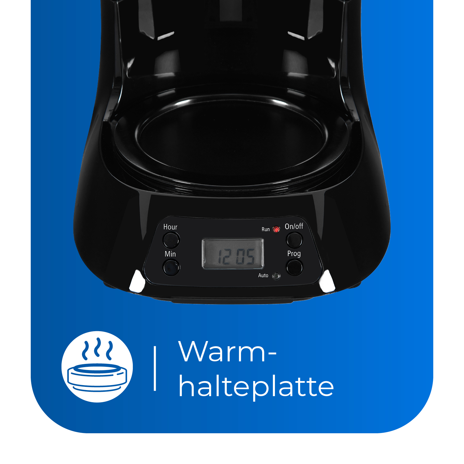 Schwarzer unterer Teil der Kaffeemaschine. Mit Digitalanzeige und Knöpfen auf blauem Hintergrund.