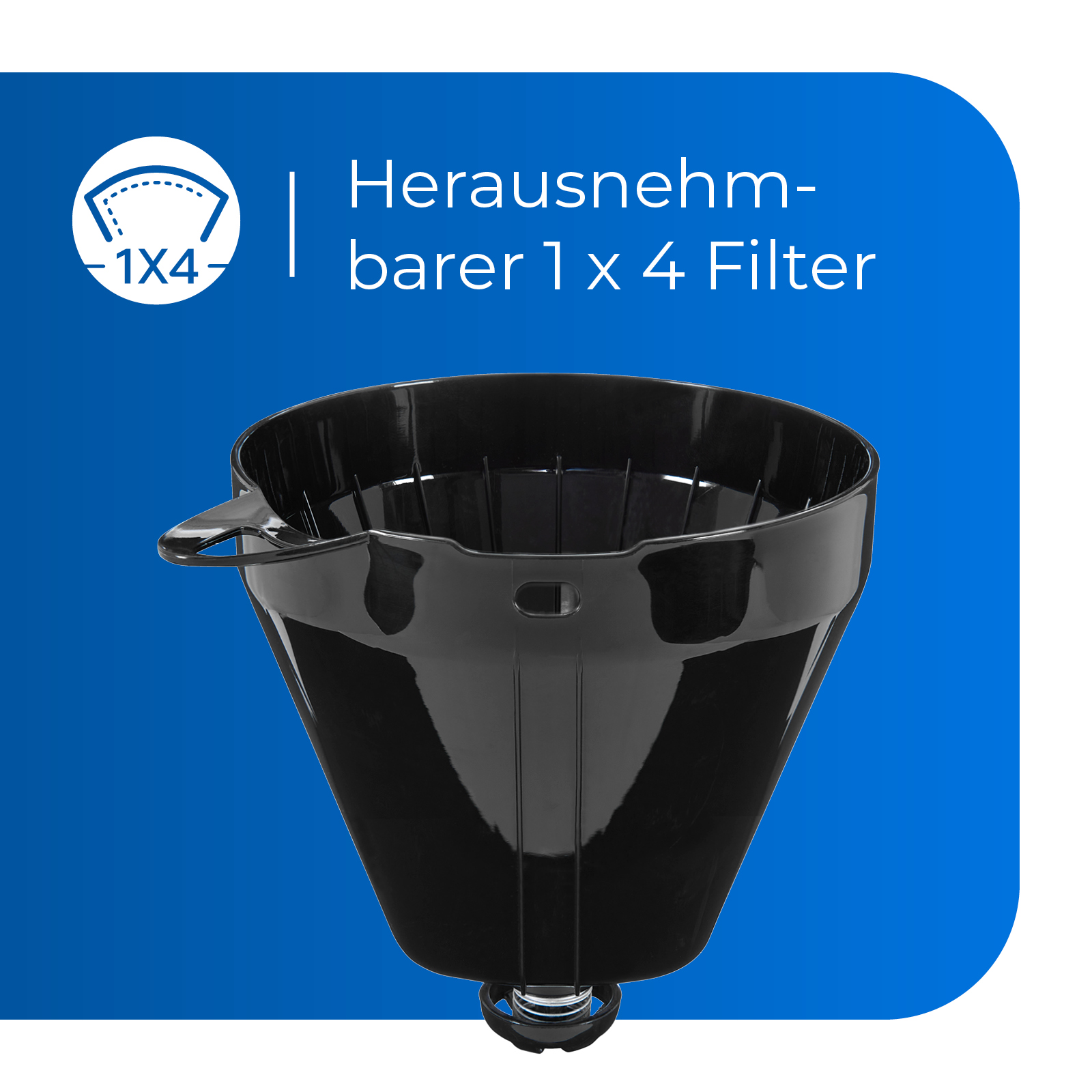 Ein schwarzer Kaffeefilter mit Griff und Text "Herausnehmbarer 1 x 4 Filter".