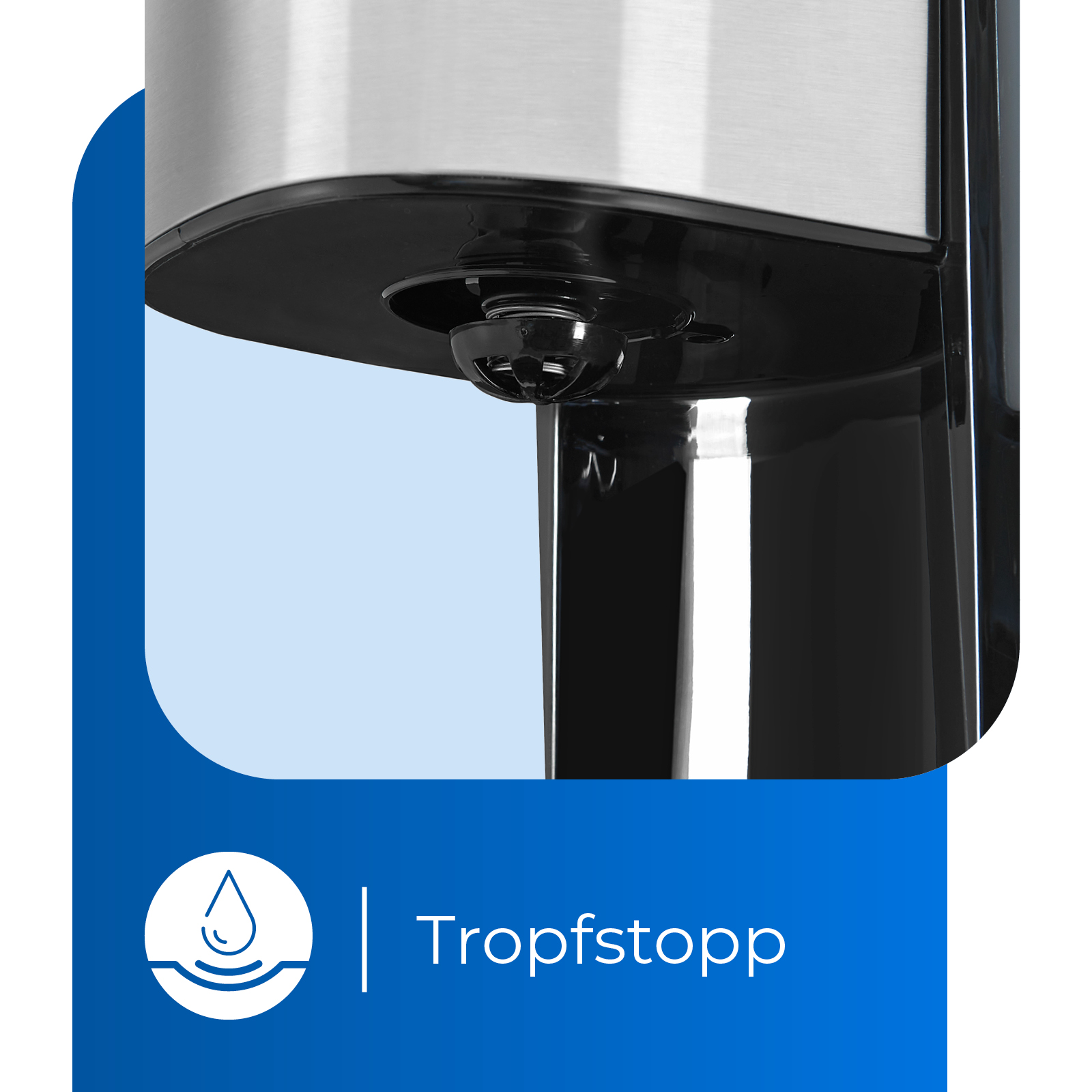 Nahaufnahme einer schwarz-silbernen Kaffeemaschine, mit dem Label "Tropfstopp".
