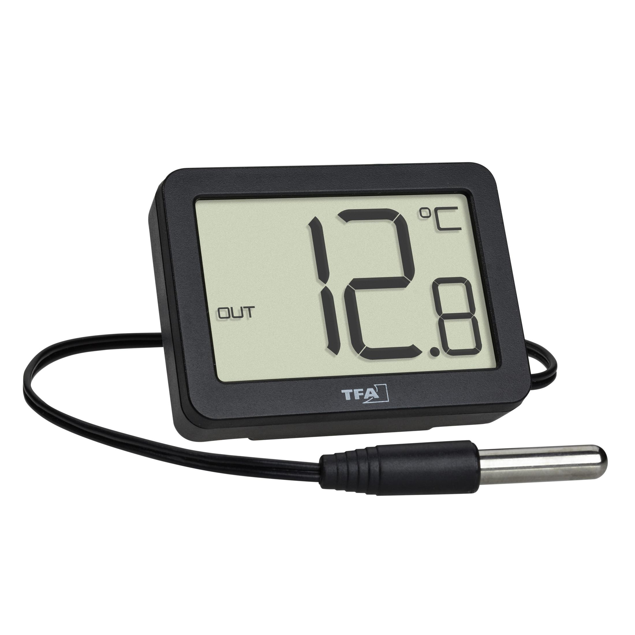 Schwarzes Digitalthermometer, das 12,8°C anzeigt, mit angeschlossener Sonde.