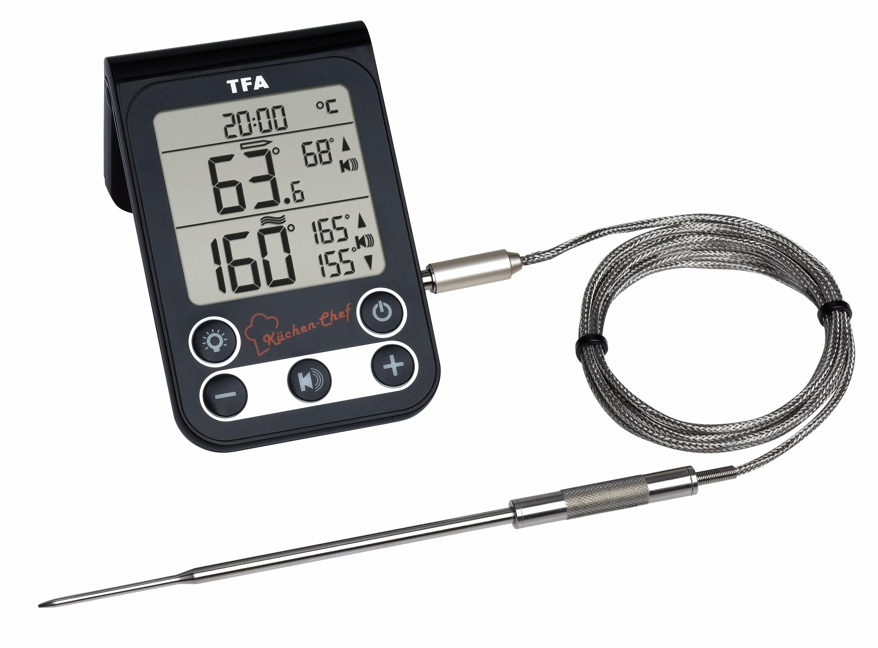 Schwarzes Küchenchef-Thermometer mit Digitalanzeige, die Temperaturwerte anzeigt.