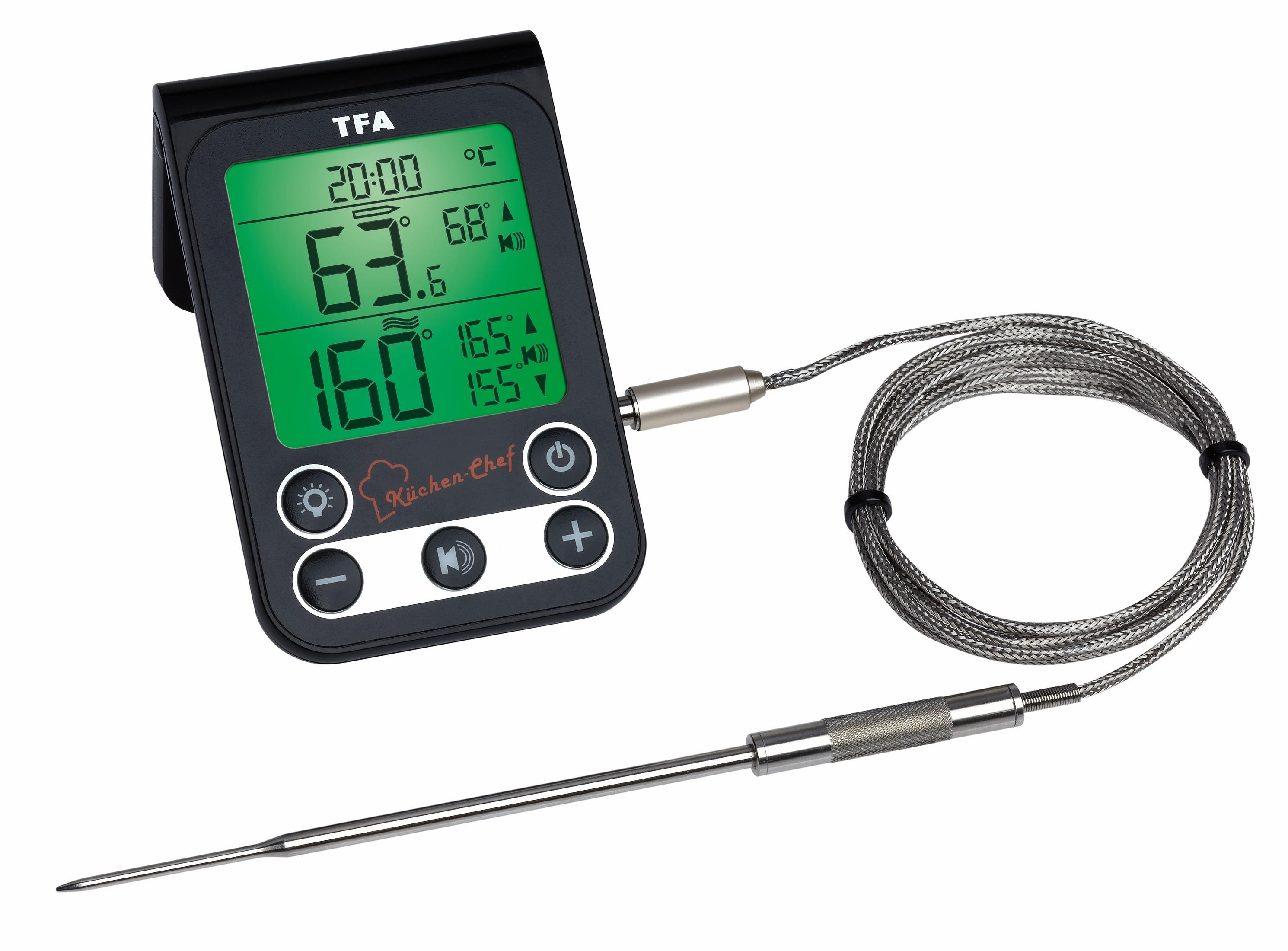Schwarzes Küchenchef-Thermometer mit grün beleuchteter Anzeige, die Temperaturdetails zeigt.
