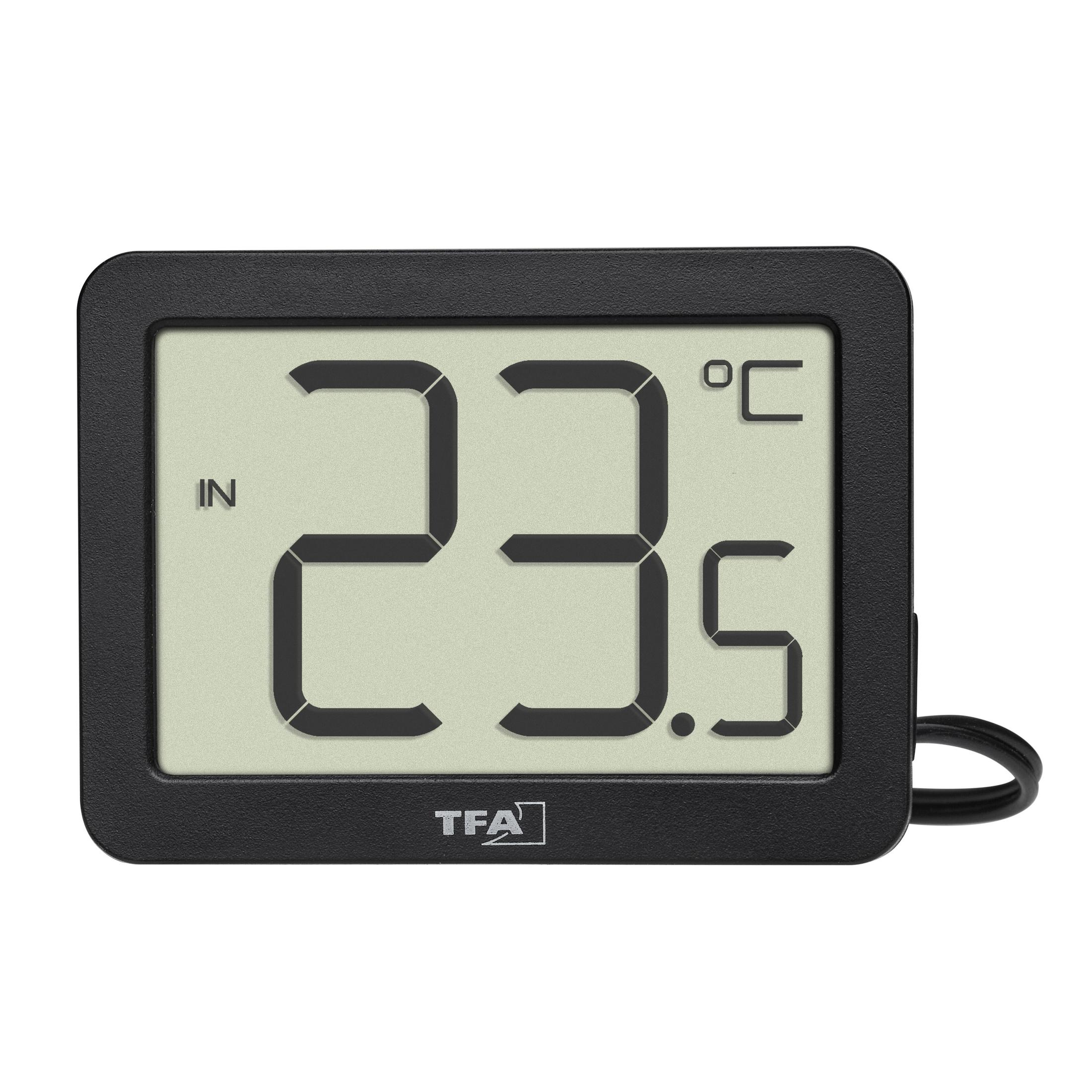 Schwarzes Digitalthermometer mit Anzeige von 23,5°C, mit den Aufschriften 'IN' und 'TFA'.