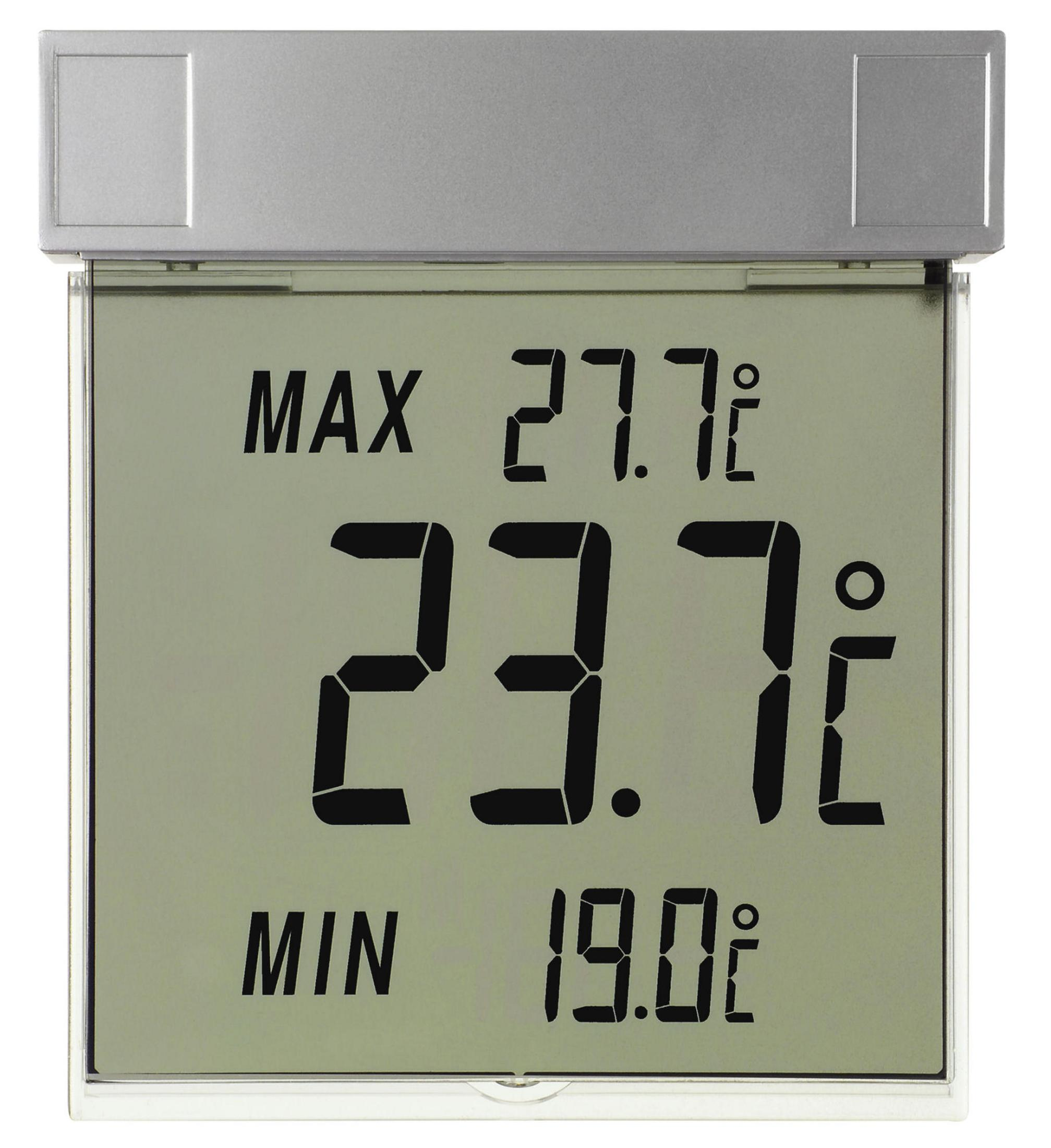 Digitales Thermometer mit MAX 27,7 °C, aktuell 23,7 °C und MIN 19,0 °C. Silberner Rahmen.