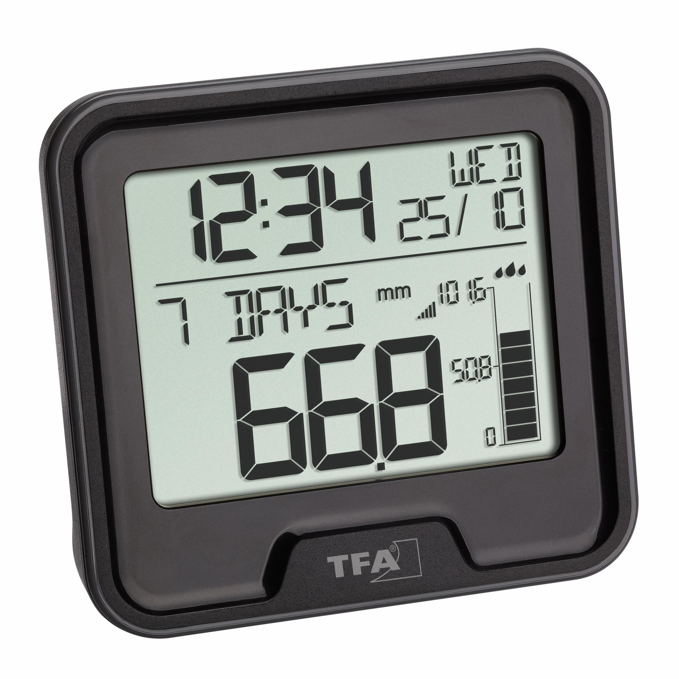 Schwarze digitale Wetterstation mit Digitalanzeige für Zeit, Datum und Niederschlagsdaten.