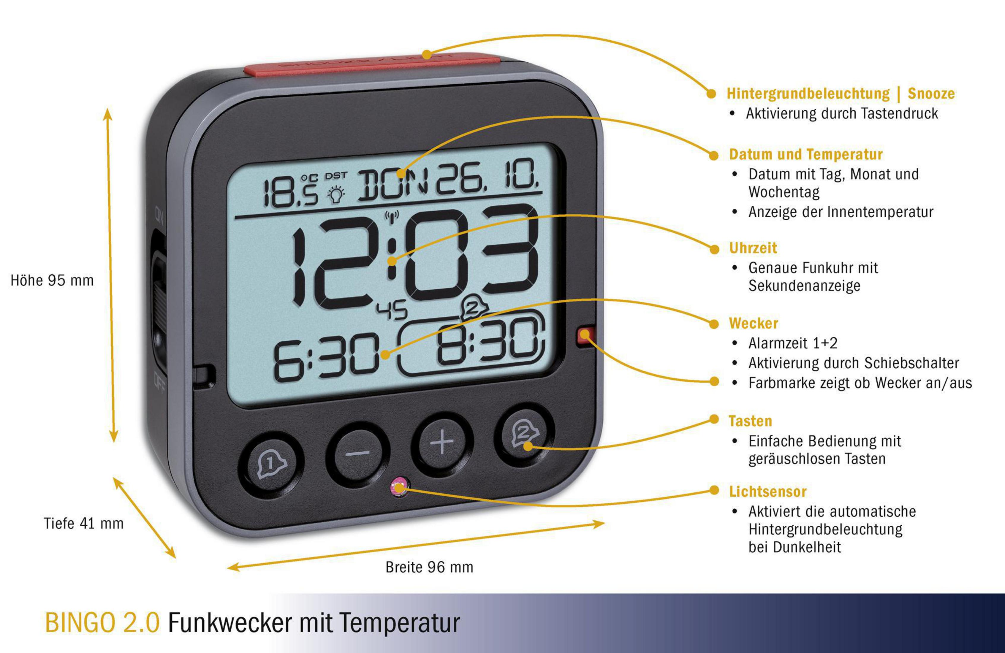 Ein schwarz-grauer digitaler Wecker mit einer Anzeige von Uhrzeit und Datum.