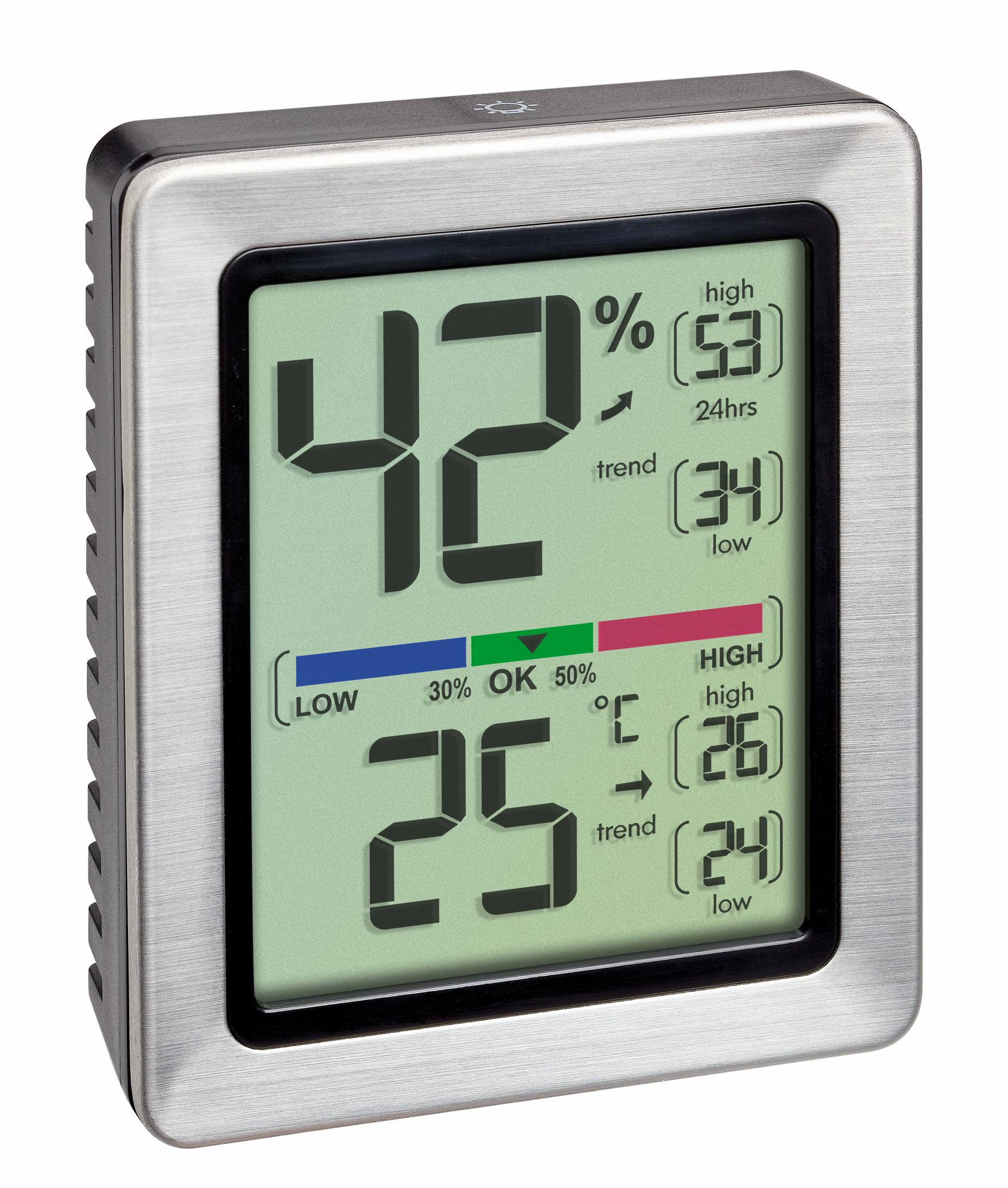 Digitale Wetterstation mit Anzeige von Feuchtigkeits- und Temperaturmesswerten.