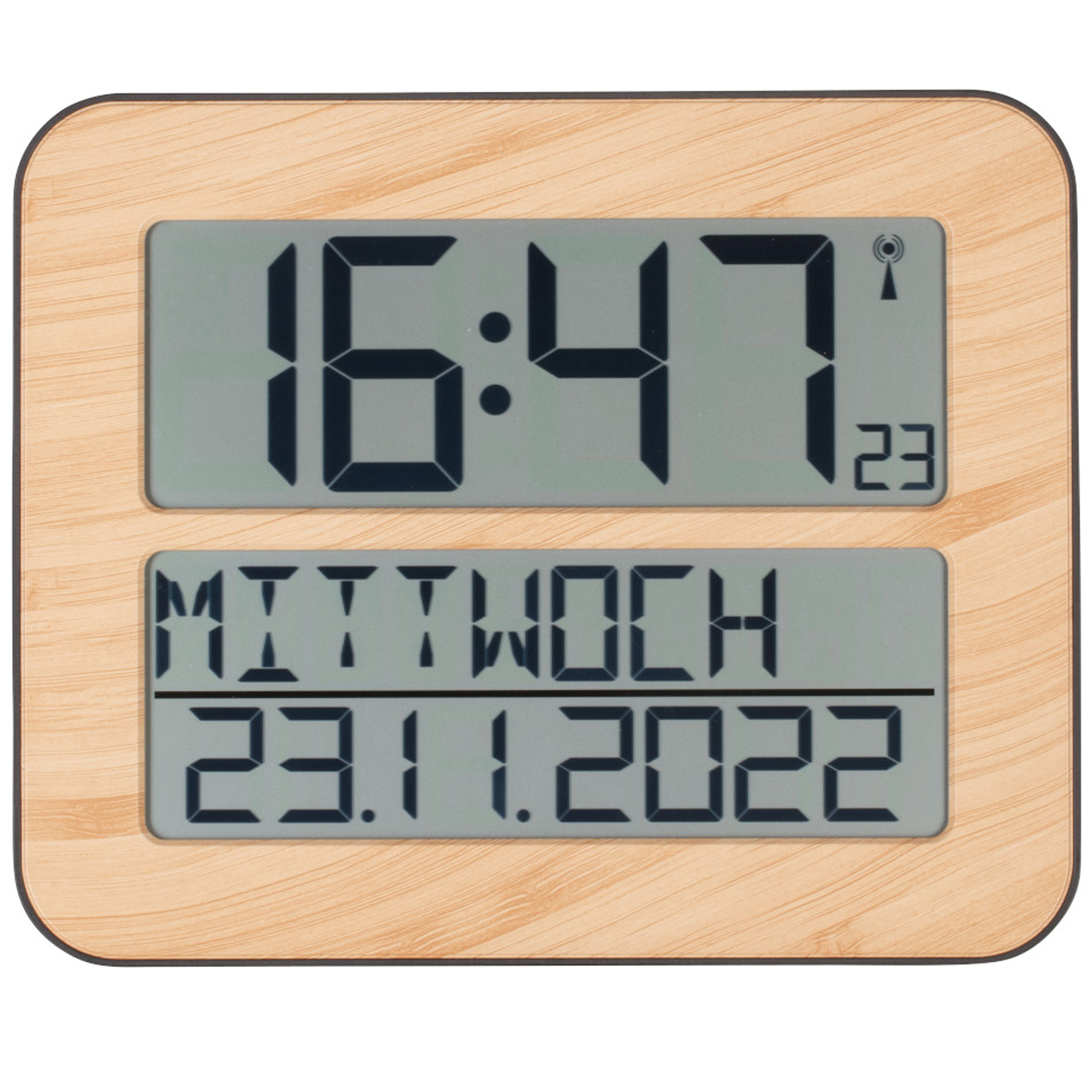 Digitaluhr mit 16:47 und Mittwoch 23.11.2022. Holzrahmen. Weißer Hintergrund.