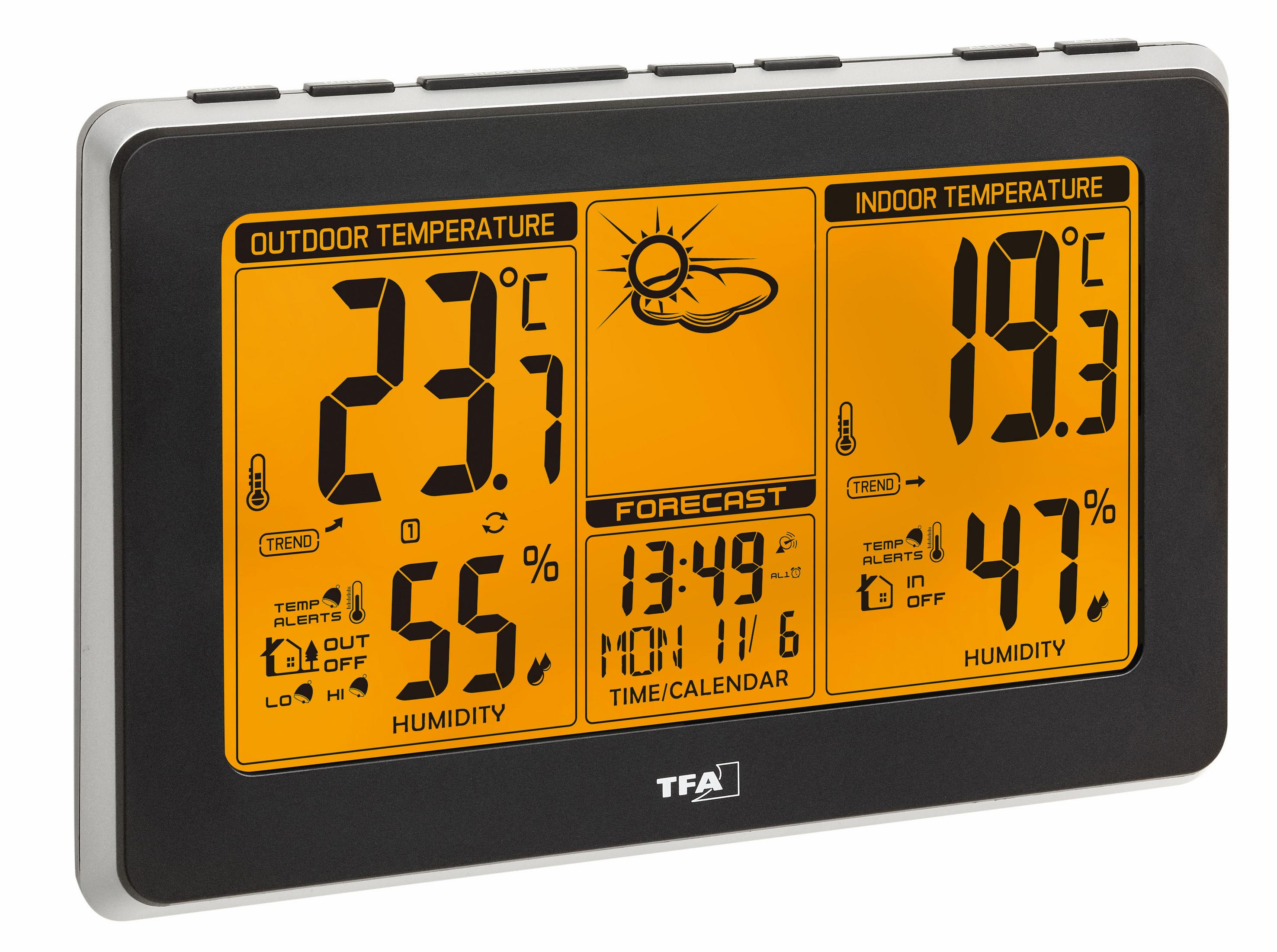 Digitale Wetterstation mit Anzeige von Außen- und Innentemperatur, Luftfeuchtigkeit und Uhrzeit.