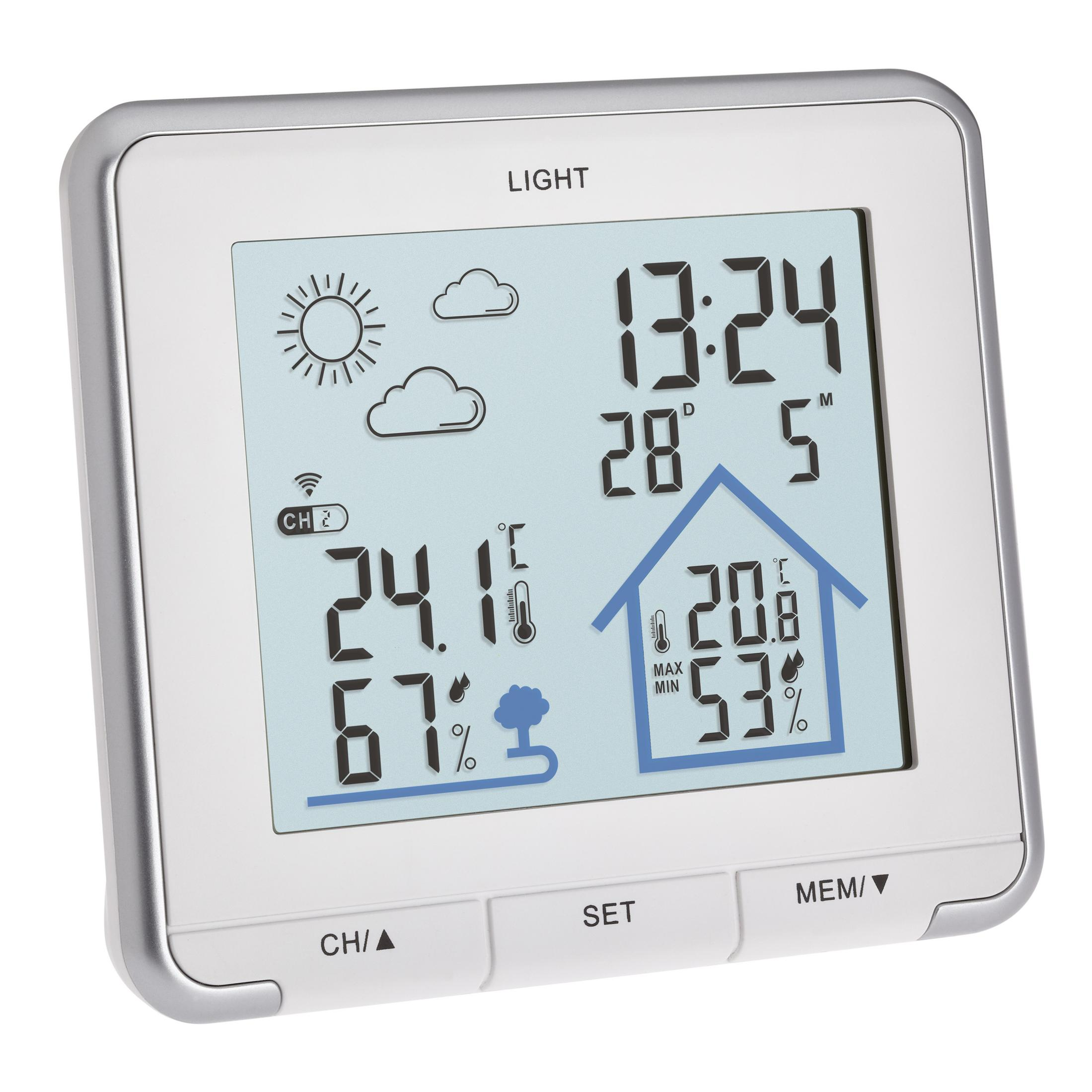 Digitale Wetterstation, die Zeit, Temperatur und Luftfeuchtigkeit anzeigt.