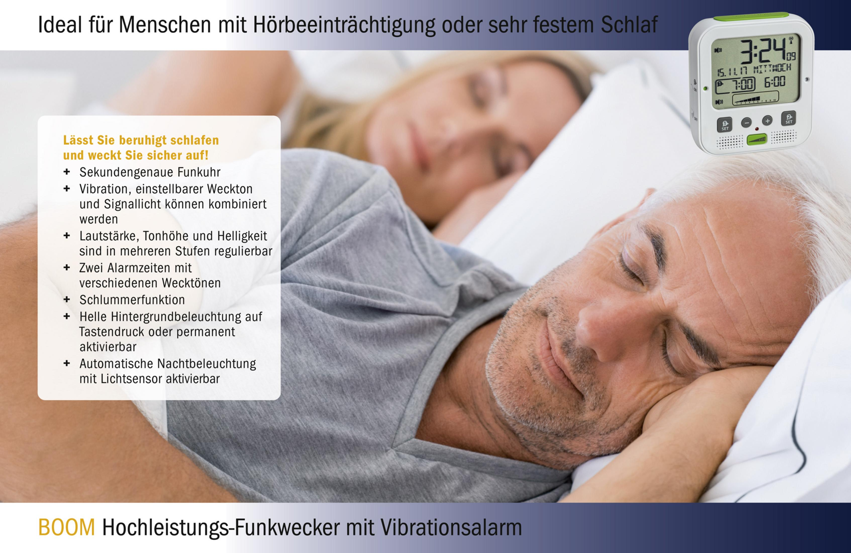 Ein schlafendes Paar, rechts eine Uhr mit deutschem Text, links ein Textfeld.