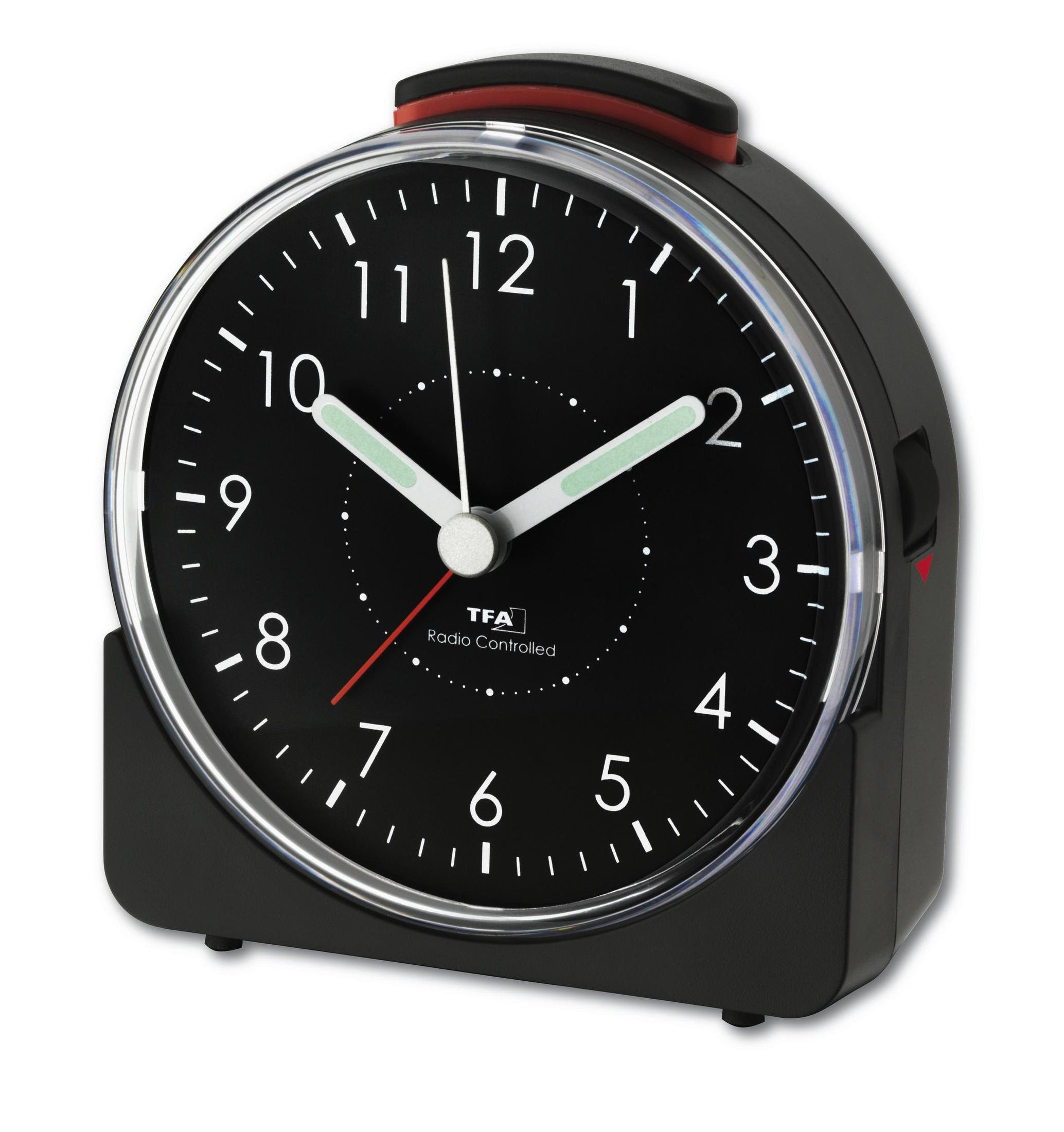 Schwarzer funkgesteuerter Wecker mit silberner Lünette. Die Uhr zeigt die Uhrzeit an.