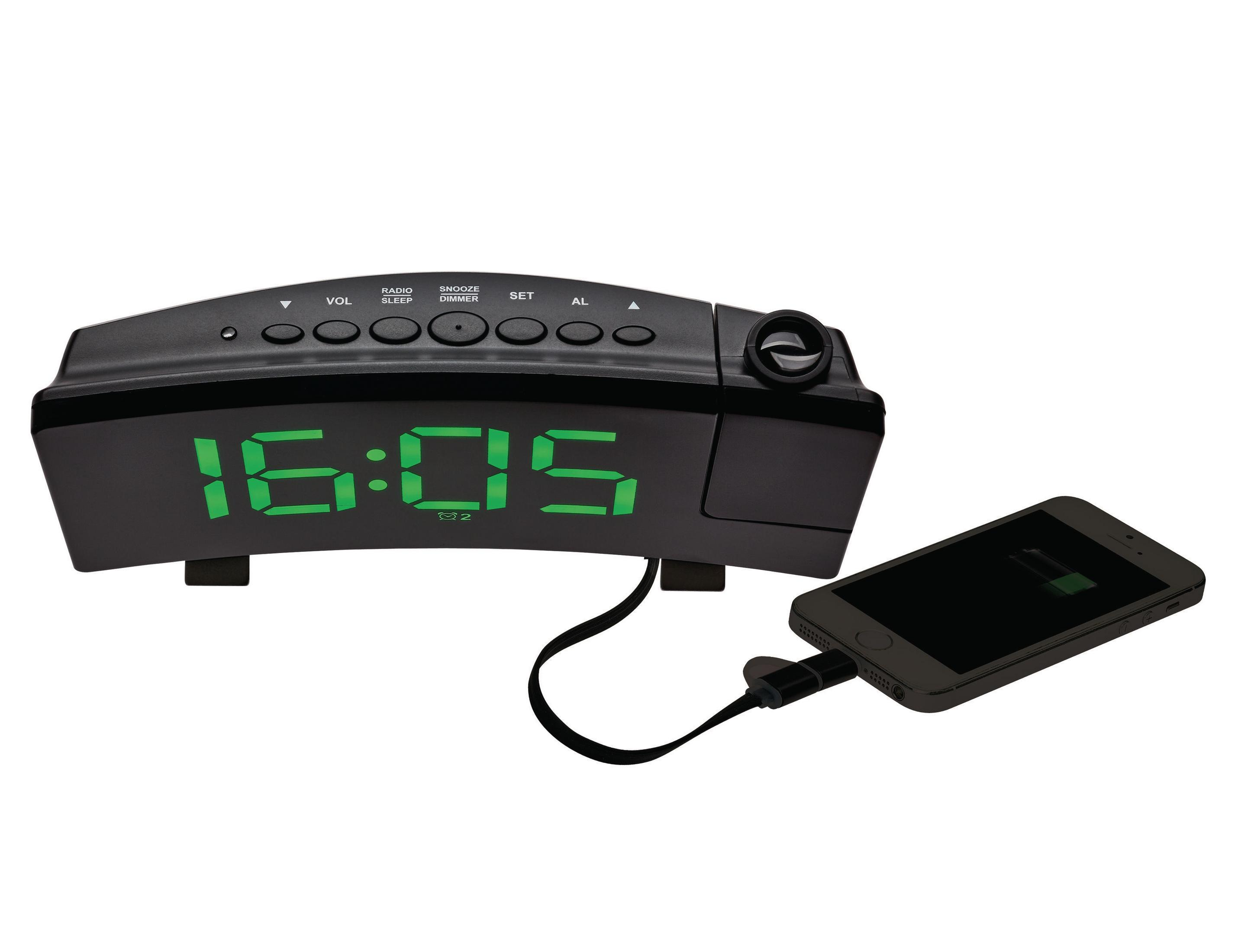 Schwarzer digitaler Wecker mit Anzeige 16:05, über USB-Kabel mit einem ladenden Smartphone verbunden.