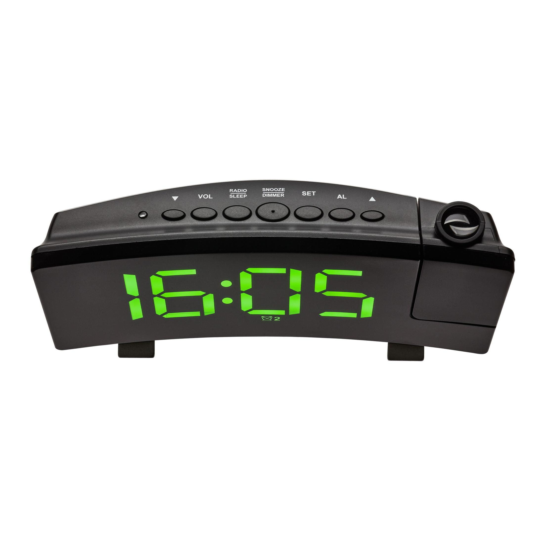 Schwarzer digitaler Wecker mit der Anzeige 16:05. Grüne Zahlen. Knöpfe beschriftet: Vol, Radio, Snooze, Set, AL.
